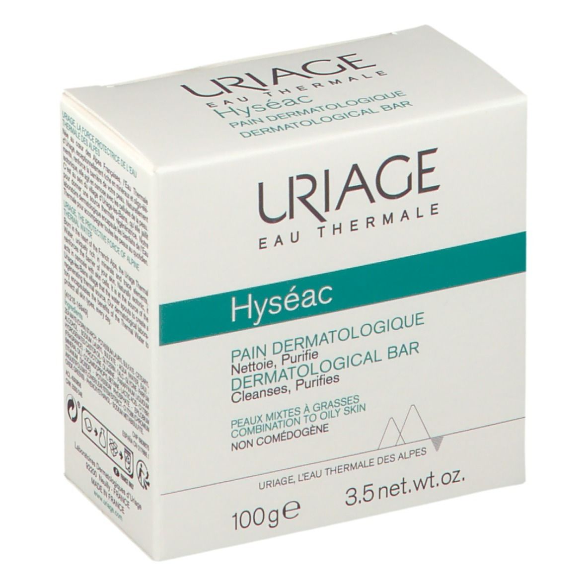 Scatola bianca Uriage Hyséac. Testo: Pain Dermatologique, deterge, purifica. Per pelli miste e grasse. 100g, 3.5 net wt.oz.