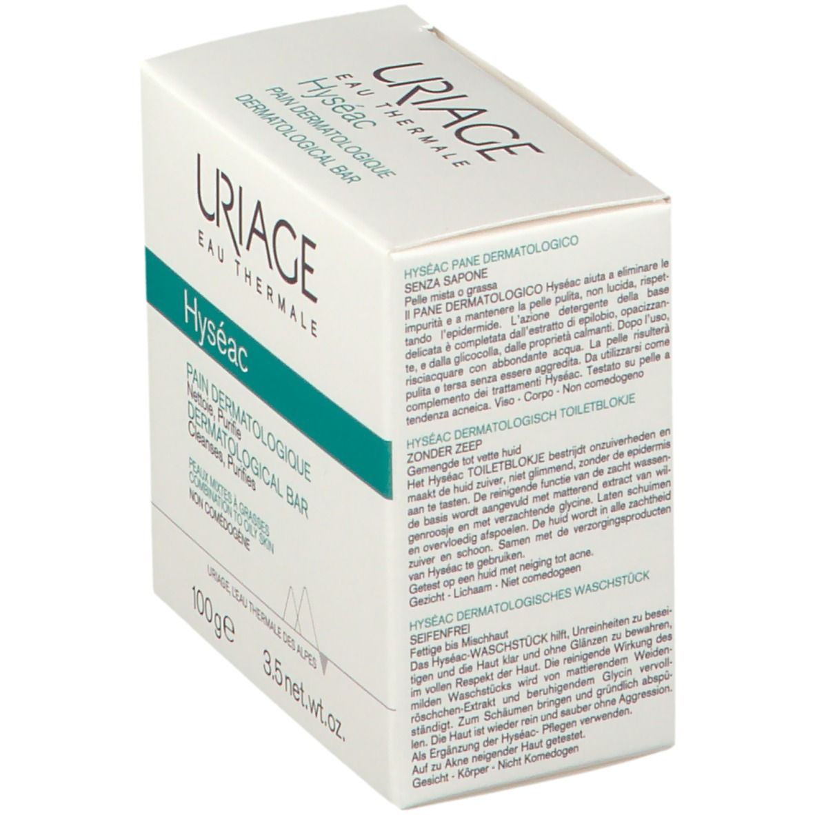 Scatola bianca Uriage Hyséac inclinata. Testo multilingue. Pain Dermatologique, deterge, purifica. 100g, 3.5 net wt.oz.