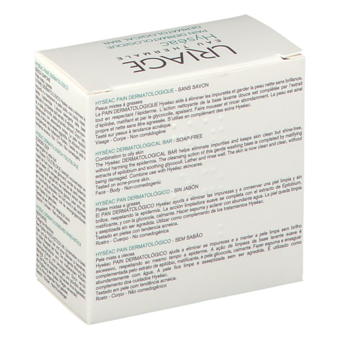 Scatola bianca Uriage Hyséac. Testo: Pain Dermatologique - Senza sapone. Testo multilingue sul retro.