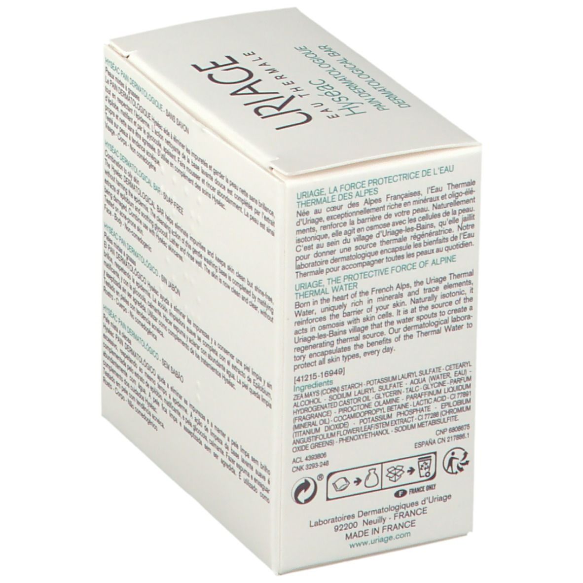 Scatola bianca Uriage Hyséac. Testo: Uriage, la force protectrice de l'eau thermale. Ingredienti e logo.