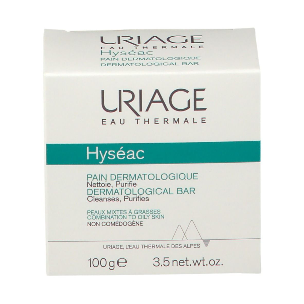 Scatola bianca Uriage Hyséac. Testo: Pain Dermatologique, deterge, purifica. Per pelli miste e grasse. 100g, 3.5 net wt.oz.