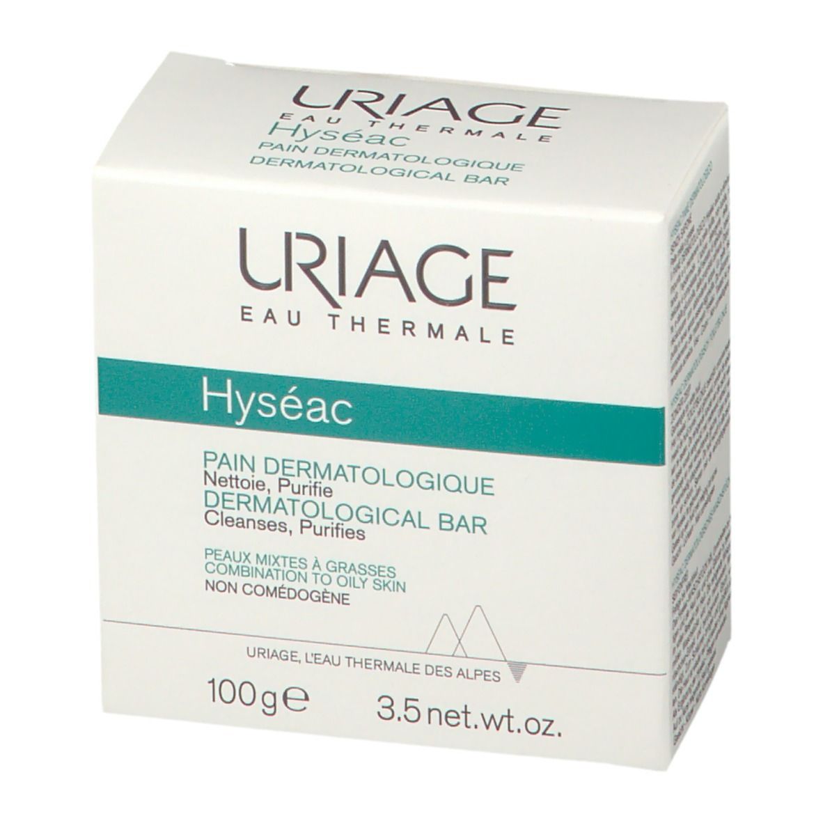 Scatola bianca Uriage Hyséac. Testo: Pain Dermatologique, deterge, purifica. Per pelli miste e grasse. 100g, 3.5 net wt.oz.