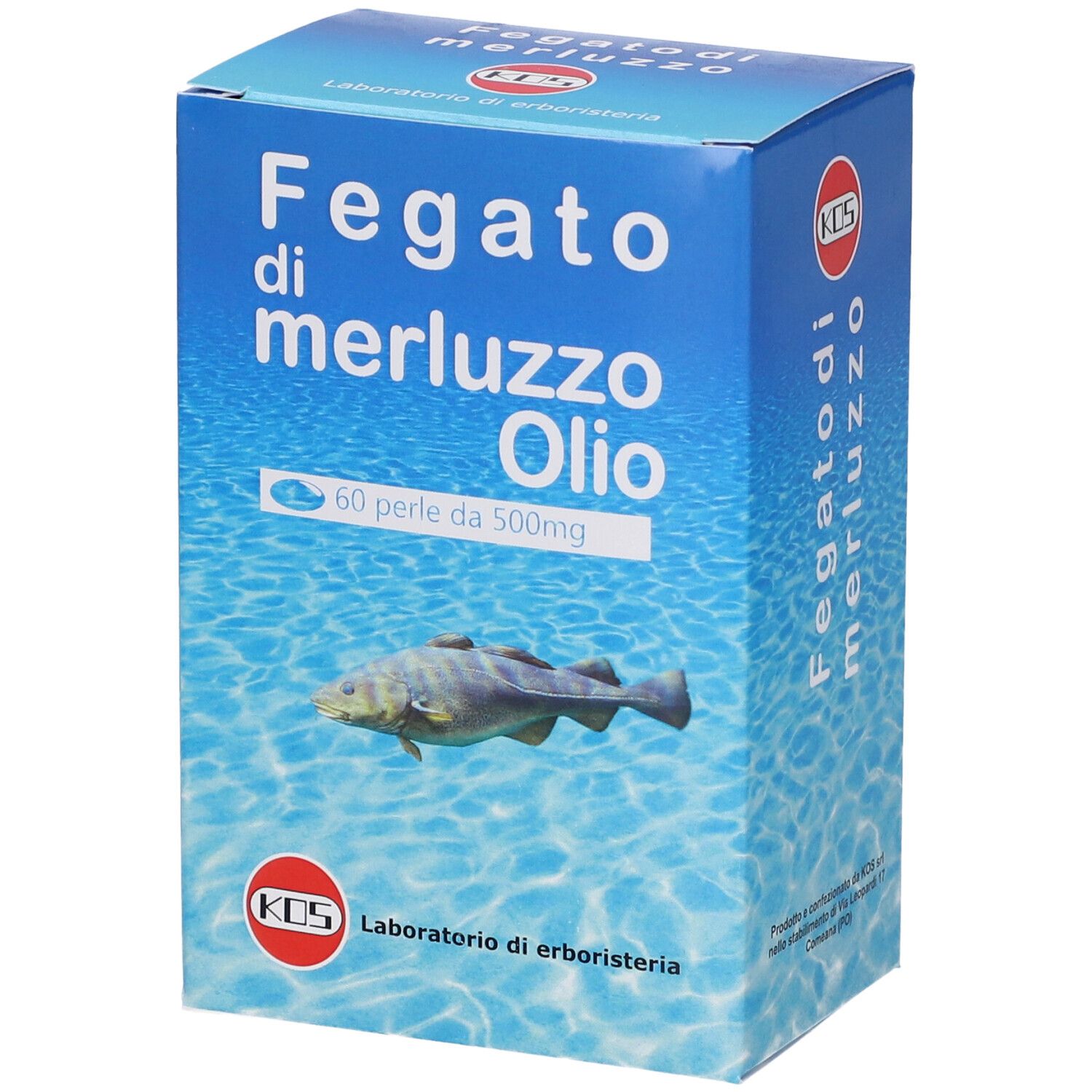 Scatola blu e bianca con nome del prodotto e illustrazione di pesce. Logo KOS in basso. 60 perle.