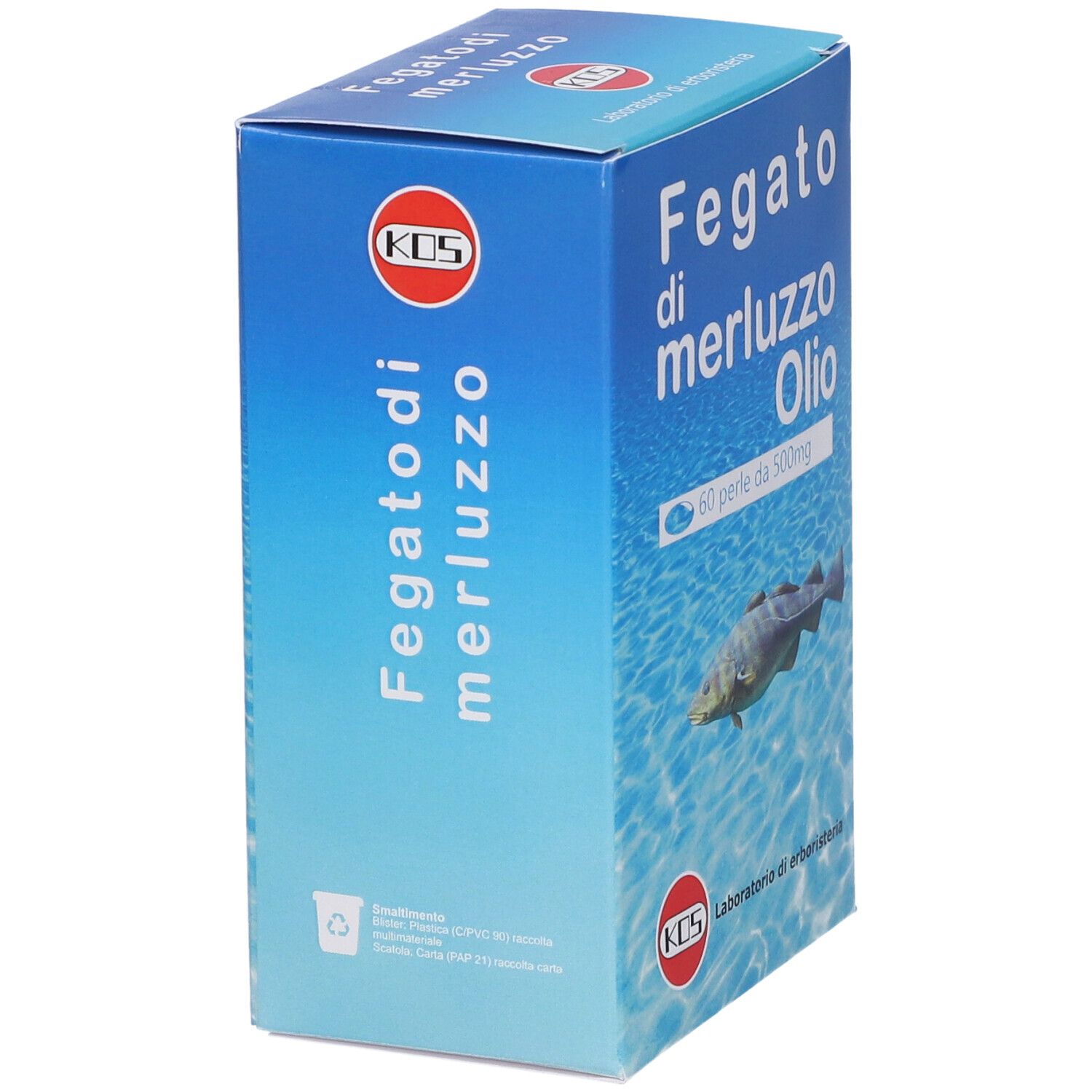 Scatola blu con nome del prodotto e illustrazione di pesce. Logo KOS. 60 perle. Simbolo di riciclo.