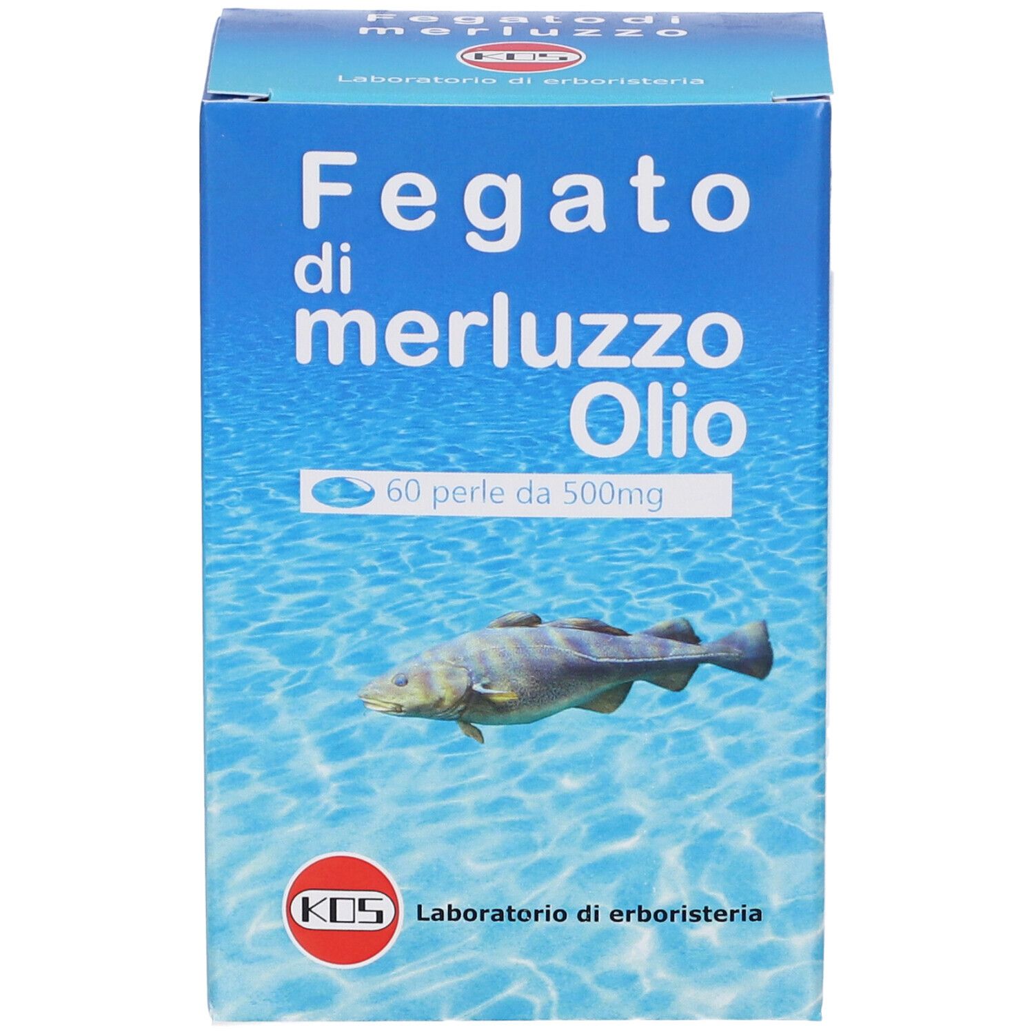 Scatola blu con nome del prodotto e illustrazione di pesce. Logo KOS in basso. 60 perle.