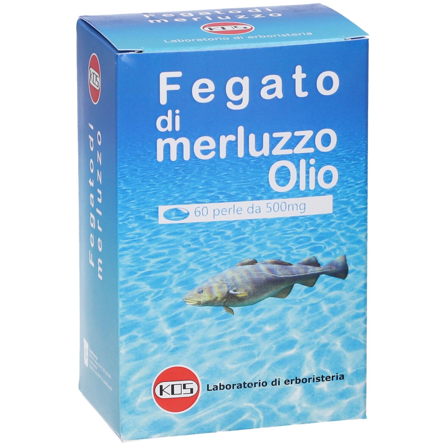 Scatola blu con nome del prodotto e illustrazione di pesce. Logo KOS in basso. 60 perle.
