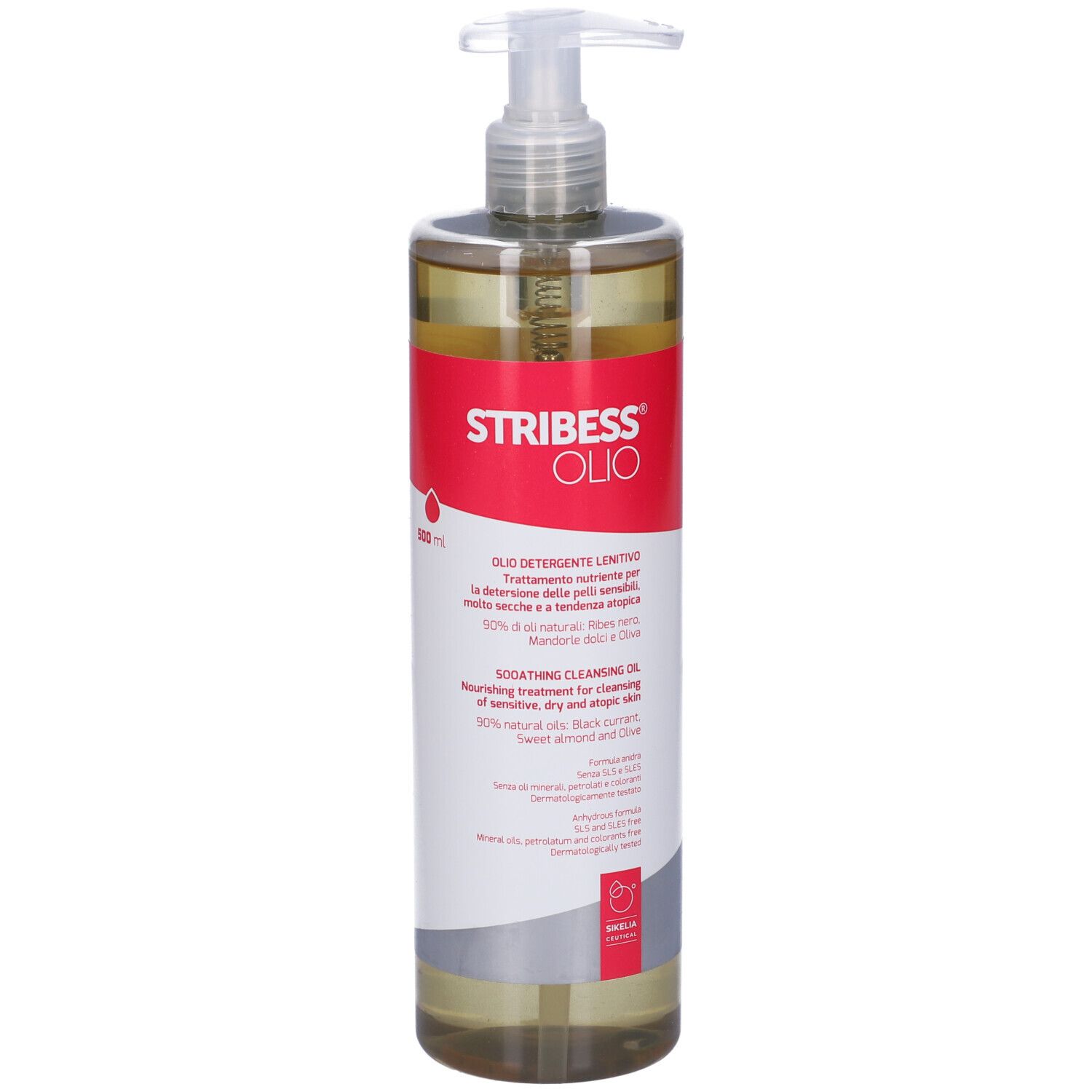 Transparente Flasche mit Pumpe. Roter Aufkleber mit Text: Stribess Olio. Produktname und Text in italienischer und englischer Sprache.