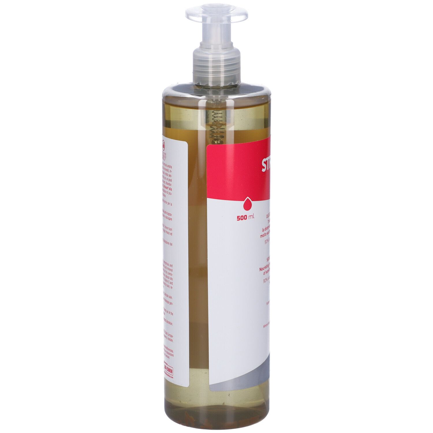 Transparente Flasche mit Pumpe. Roter Aufkleber mit Text. Produktname und Text in italienischer und englischer Sprache. Seitenansicht.