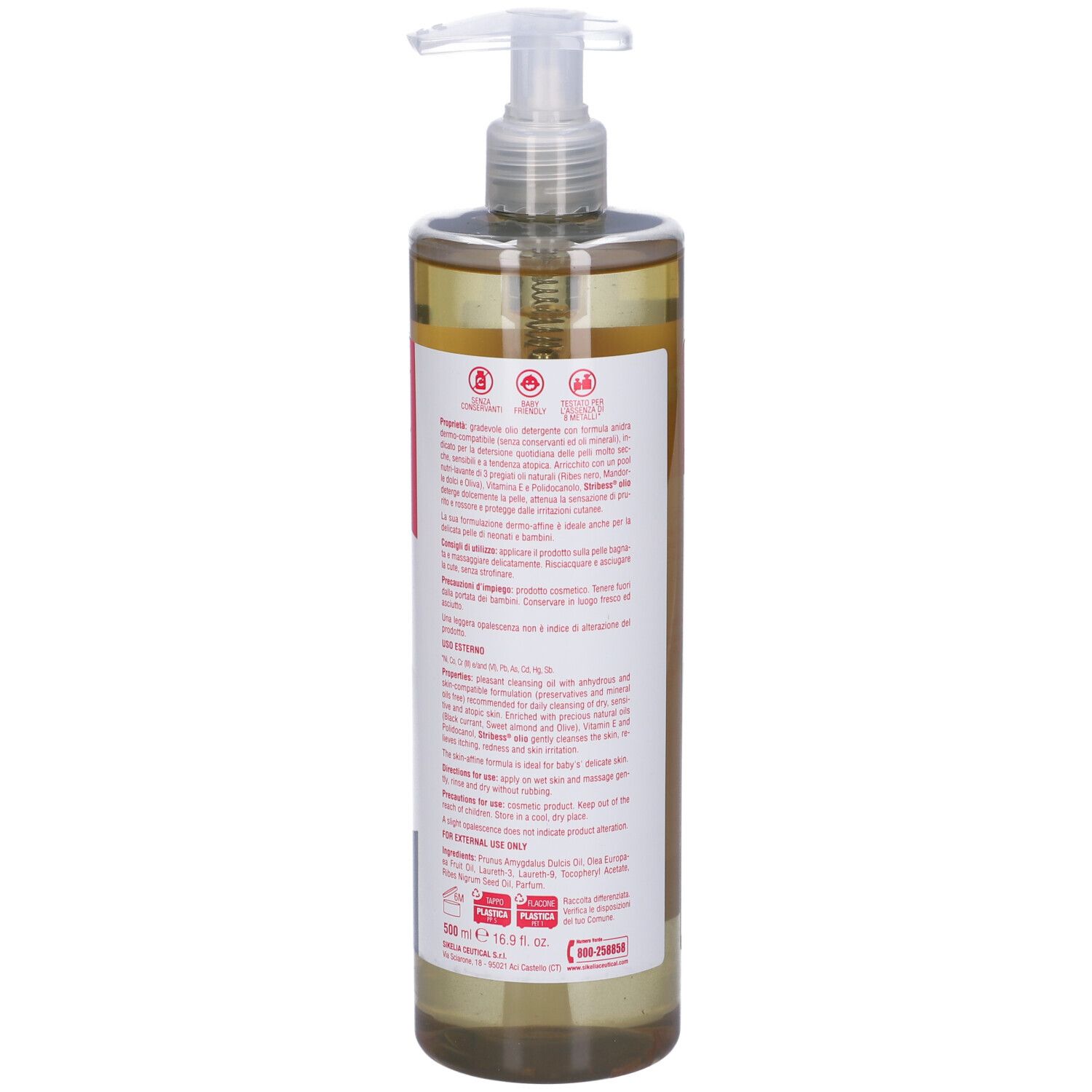 Transparente Flasche mit Pumpe. Rückseite mit Text. Produktname und Text in italienischer und englischer Sprache. Verschiedene Symbole.
