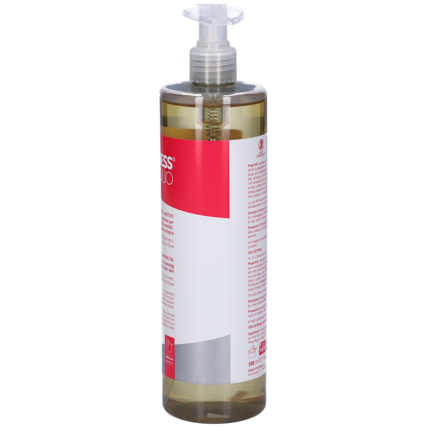 Transparente Flasche mit Pumpe. Roter Aufkleber mit Text. Produktname und Text in italienischer und englischer Sprache. Seitenansicht.