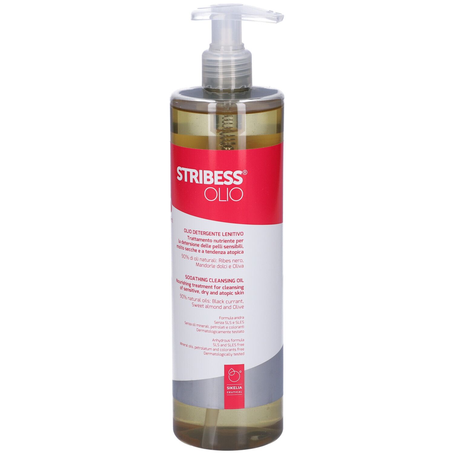 Transparente Flasche mit Pumpe. Roter Aufkleber mit Text: Stribess Olio. Produktname und Text in italienischer und englischer Sprache.