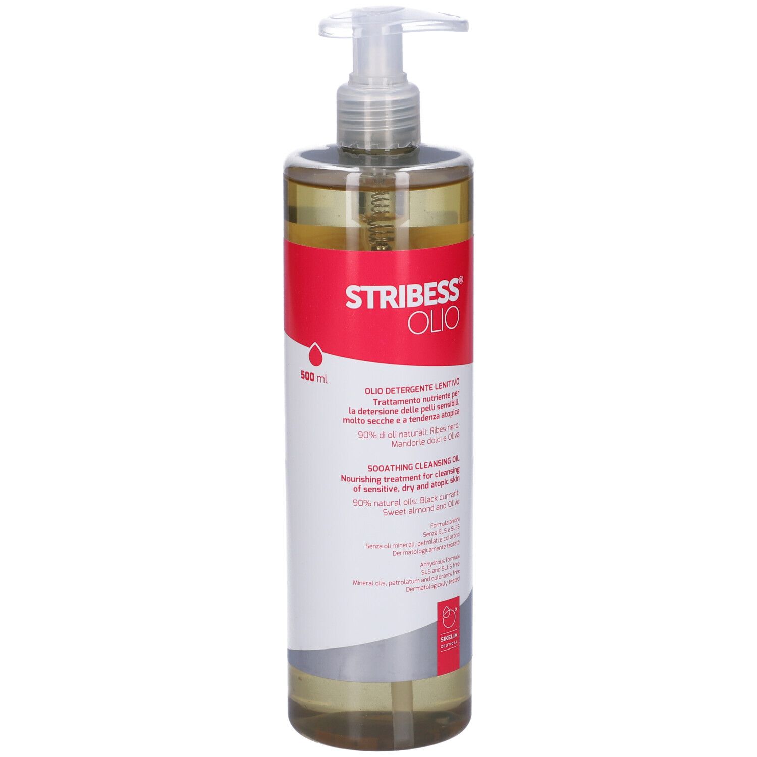 Transparente Flasche mit Pumpe. Roter Aufkleber mit Text: Stribess Olio. Produktname und Text in italienischer und englischer Sprache.