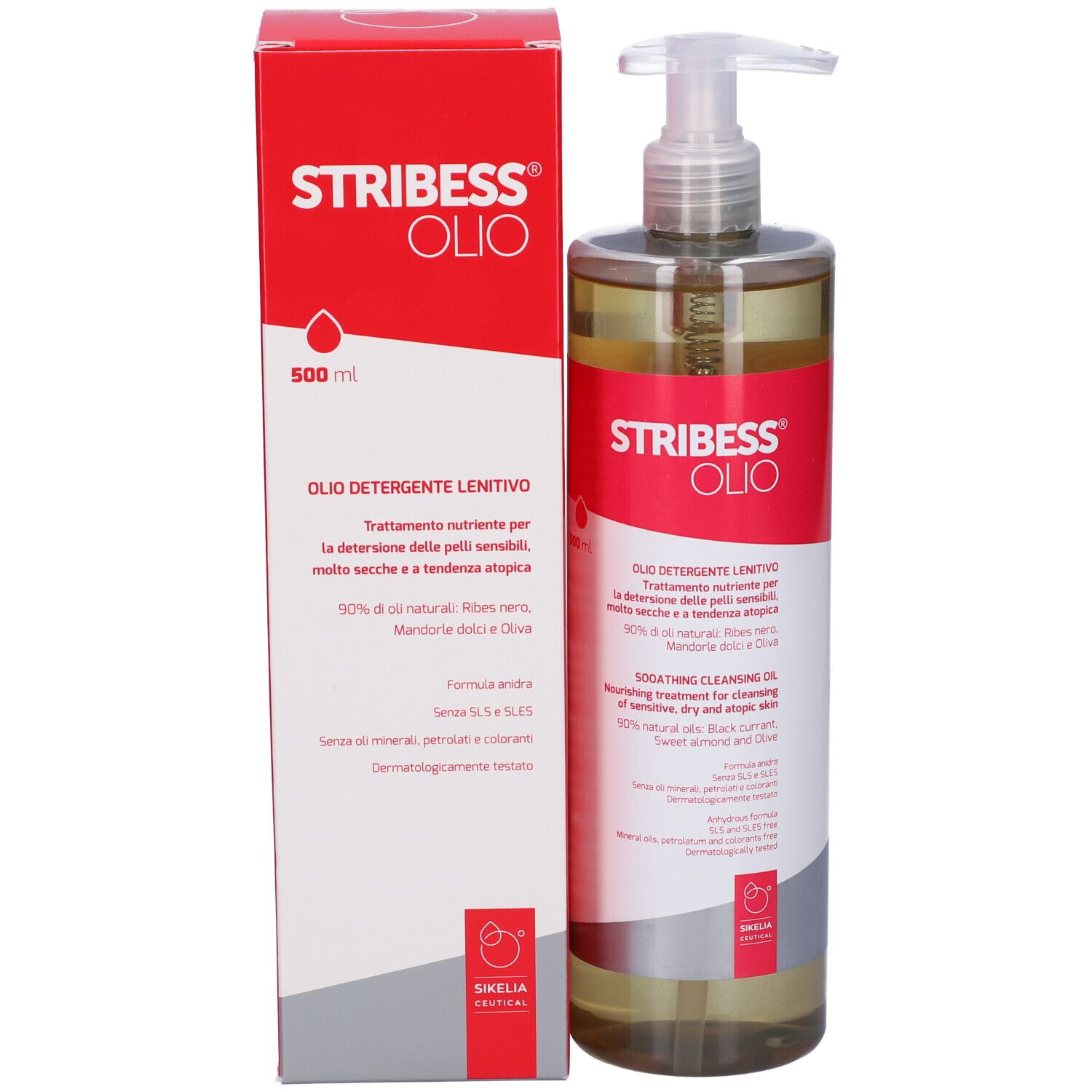 Produkt und Verpackung. Rote Verpackung mit Text: Stribess Olio. Produktname und Text in italienischer und englischer Sprache.