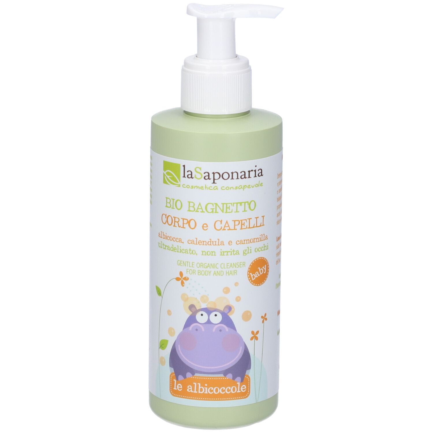 Flacone verde con dosatore. Scritta: BIO BAGNETTO CORPO e CAPELLI. Illustrazione di un ippopotamo. Prodotto baby.
