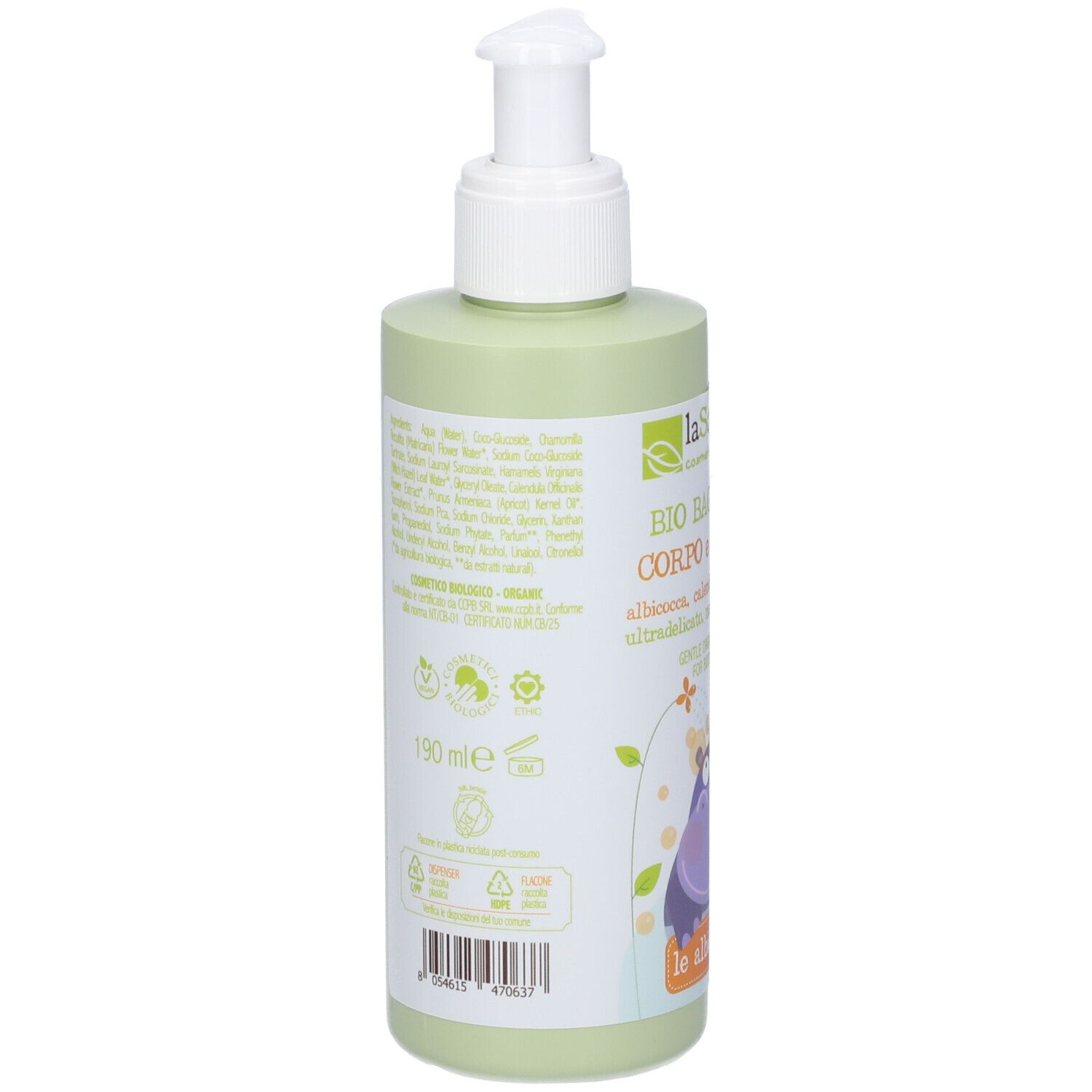 Flacone verde con dosatore. Retro con testo e loghi. Scritta: BIO BAGNETTO CORPO e CAPELLI. 190 ml.