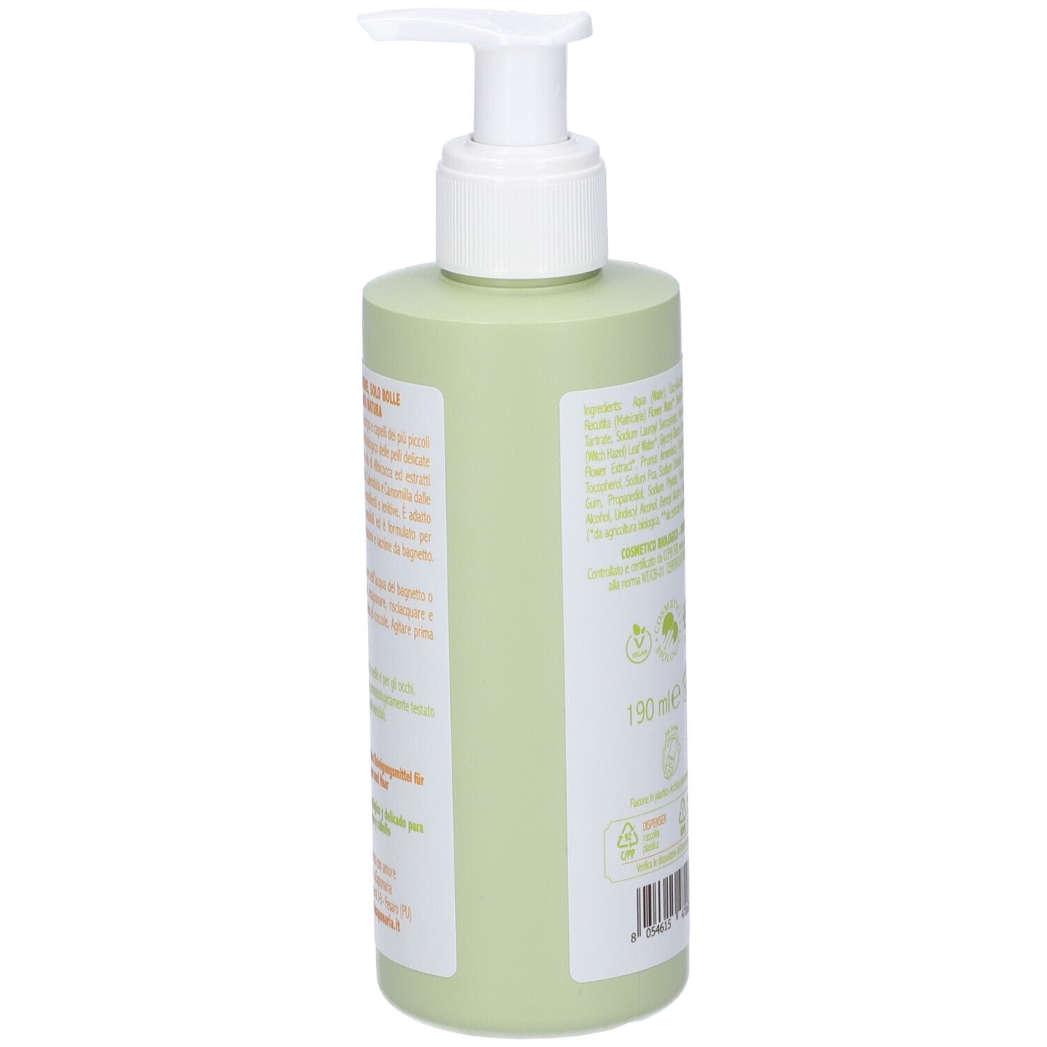 Flacone verde con dosatore. Retro con testo e loghi. Scritta: BIO BAGNETTO CORPO e CAPELLI. 190 ml.
