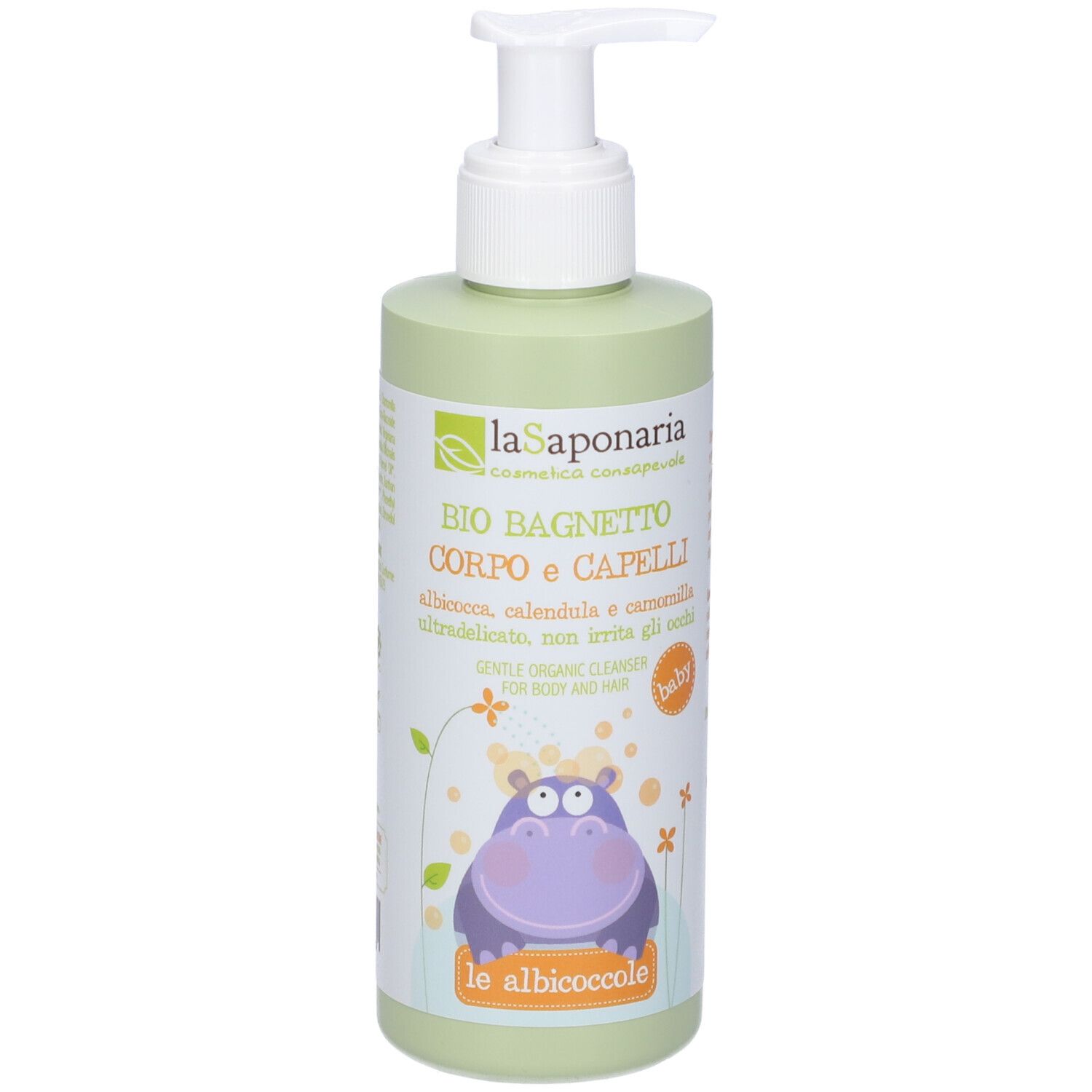 Flacone verde con dosatore. Scritta: BIO BAGNETTO CORPO e CAPELLI. Illustrazione di un ippopotamo. Prodotto baby.