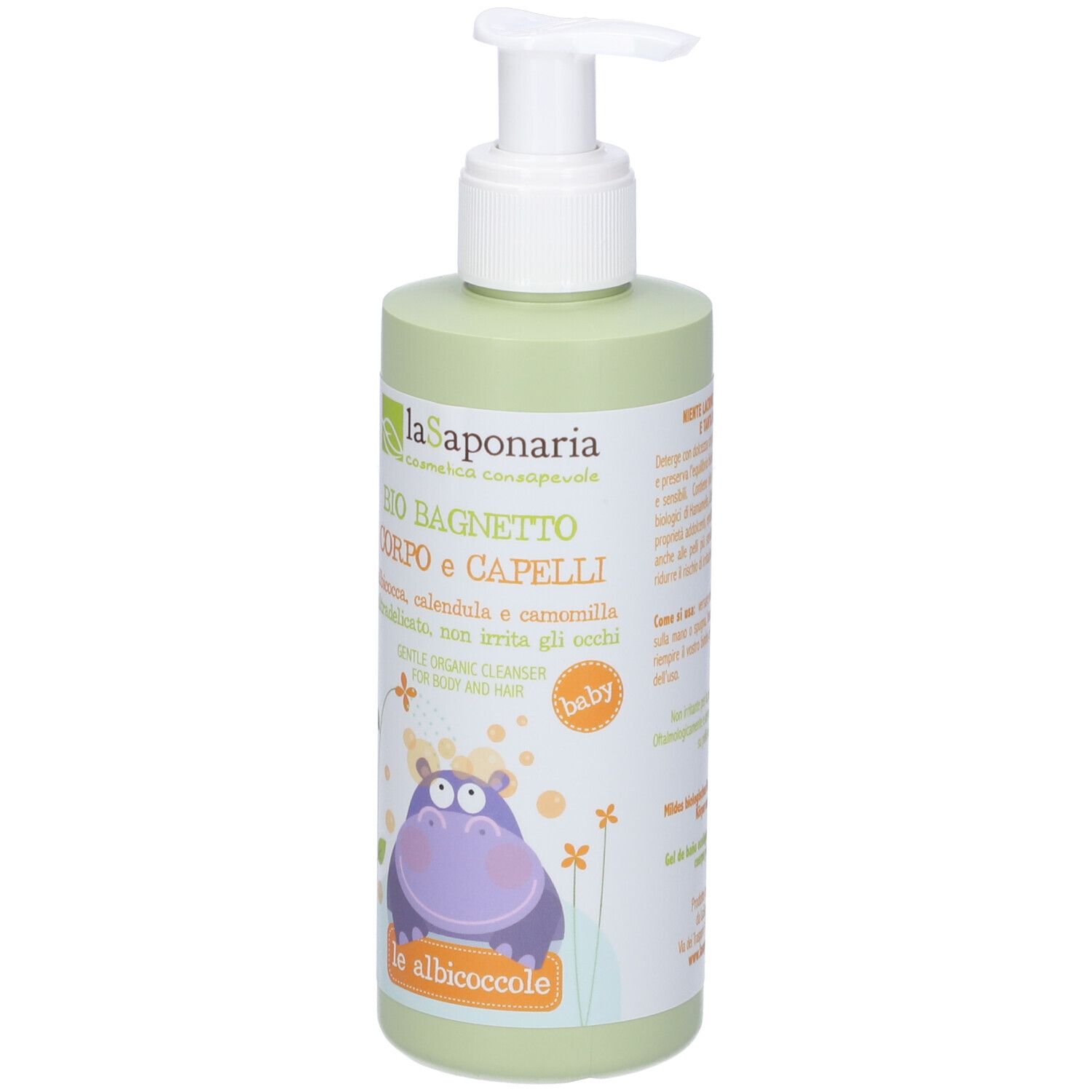 Flacone verde con dosatore. Scritta: BIO BAGNETTO CORPO e CAPELLI. Illustrazione di un ippopotamo. Prodotto baby.