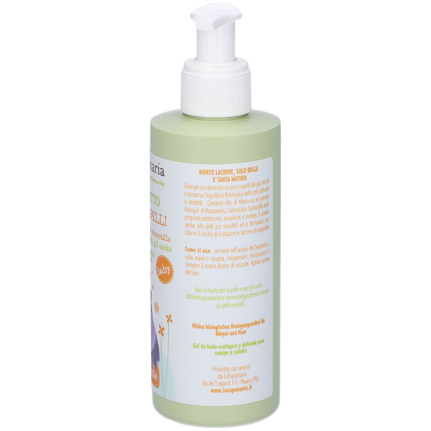 Flacone verde con dosatore. Retro con testo e loghi. Scritta: BIO BAGNETTO CORPO e CAPELLI. Prodotto baby.