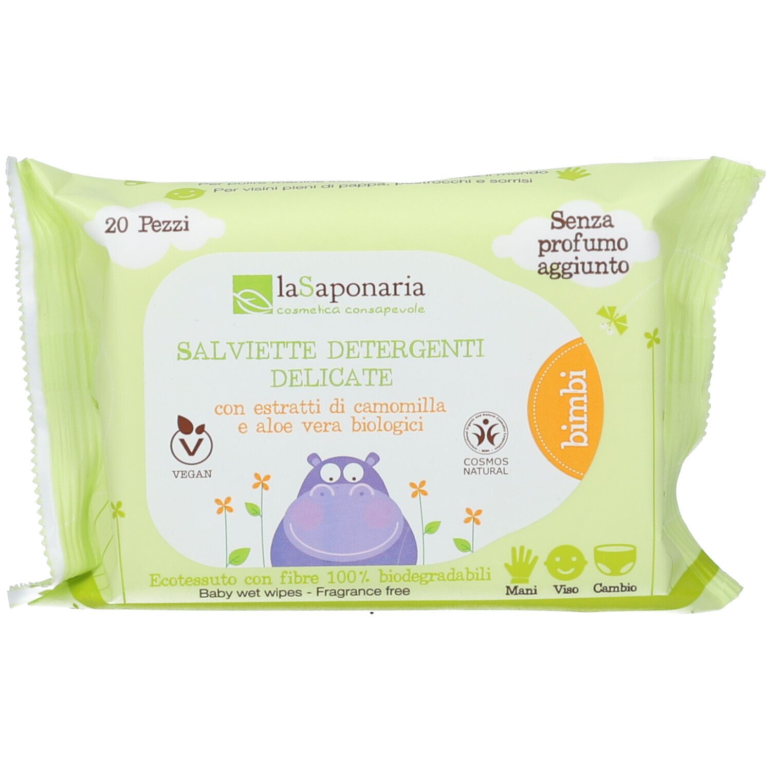 Confezione verde con scritte. Contiene salviette. Testo: "La Saponaria", "20 pezzi", "senza profumo".
