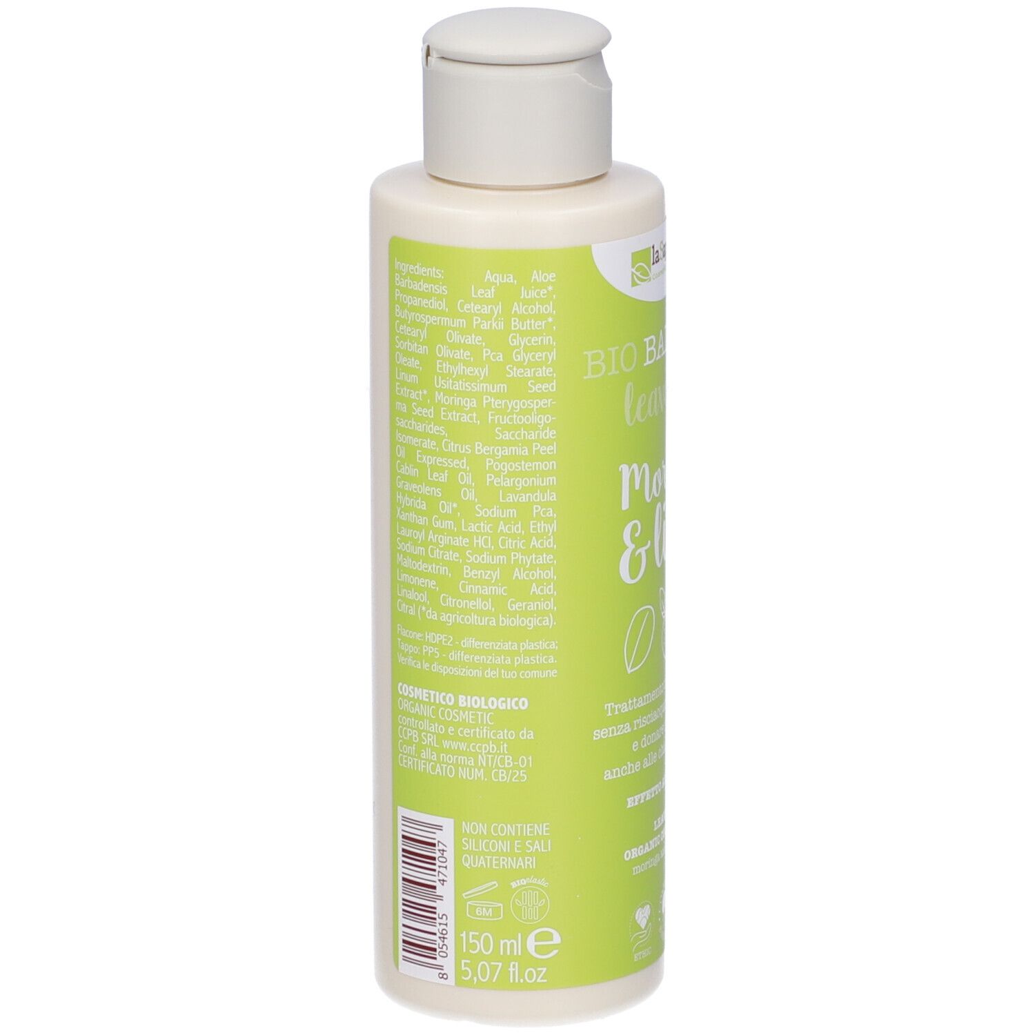 Retro del flacone con ingredienti e testo. Scritta: 150 ml. Con tappo bianco.