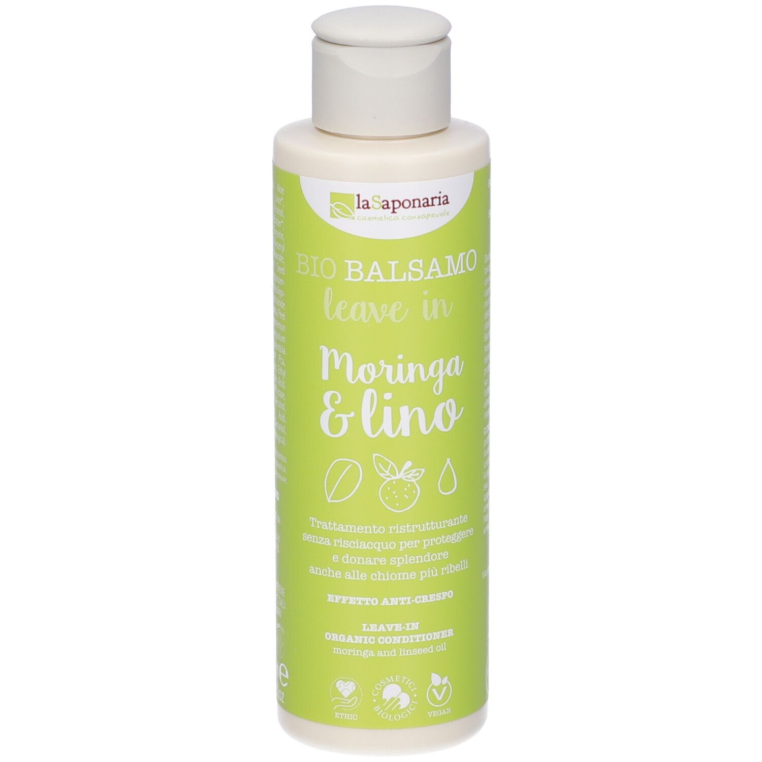 Flacone color crema con etichetta verde. Scritta: BIO BALSAMO leave in Moringa & lino. Con tappo bianco.