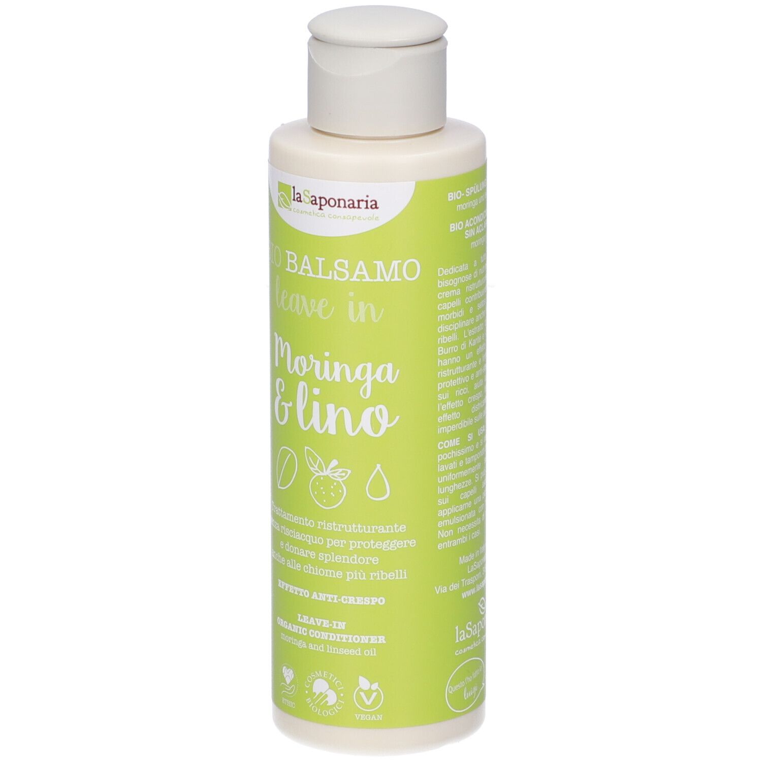 Flacone color crema con etichetta verde. Scritta: BIO BALSAMO leave in Moringa & lino. Con tappo bianco.