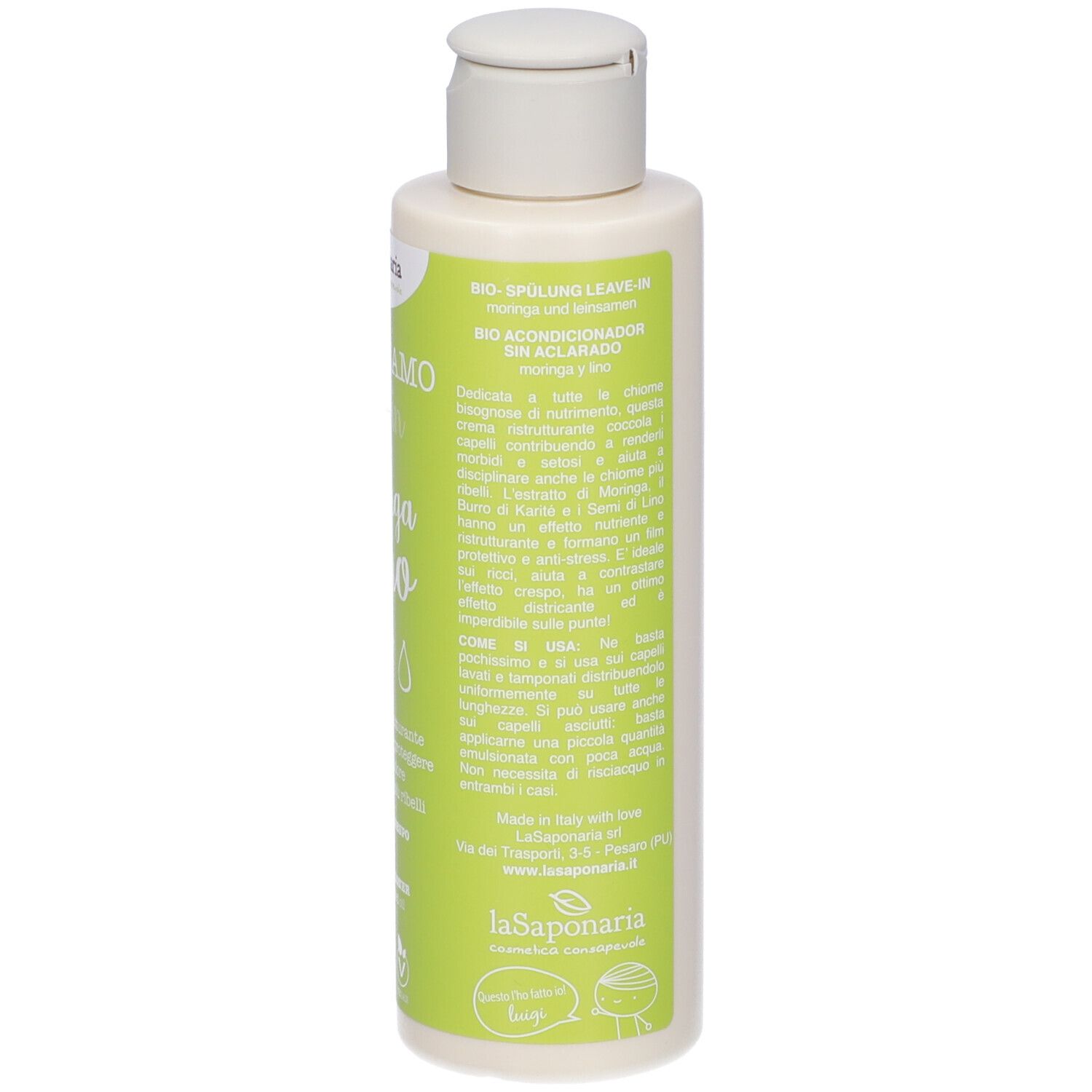 Retro del flacone con testo e ingredienti. Scritta: BIO-SPULUNG leave in Moringa and linseed. Con tappo bianco.
