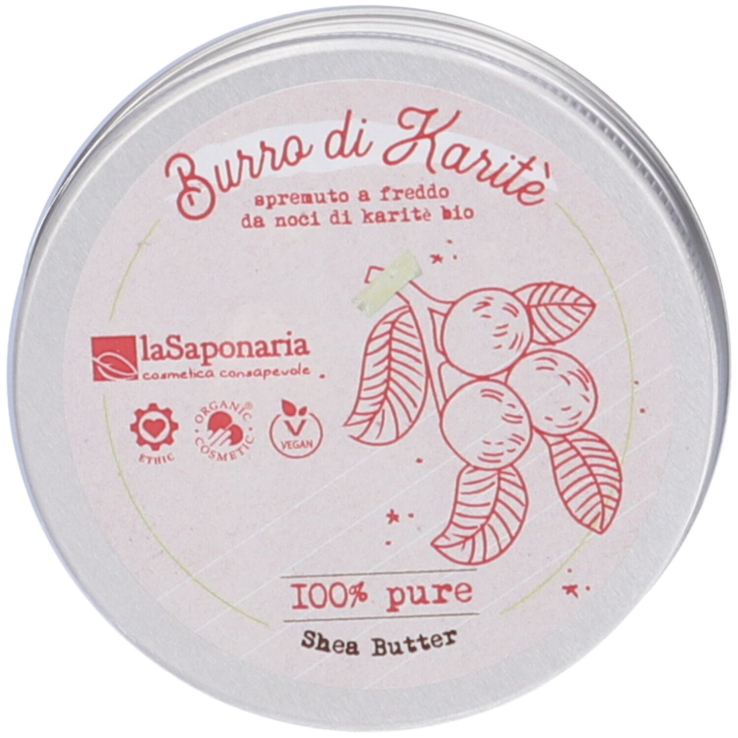 Barattolo rotondo con scritta 'Burro di Karité' e logo. Certificazioni: Ethic, Organic Cosmetic, Vegan.