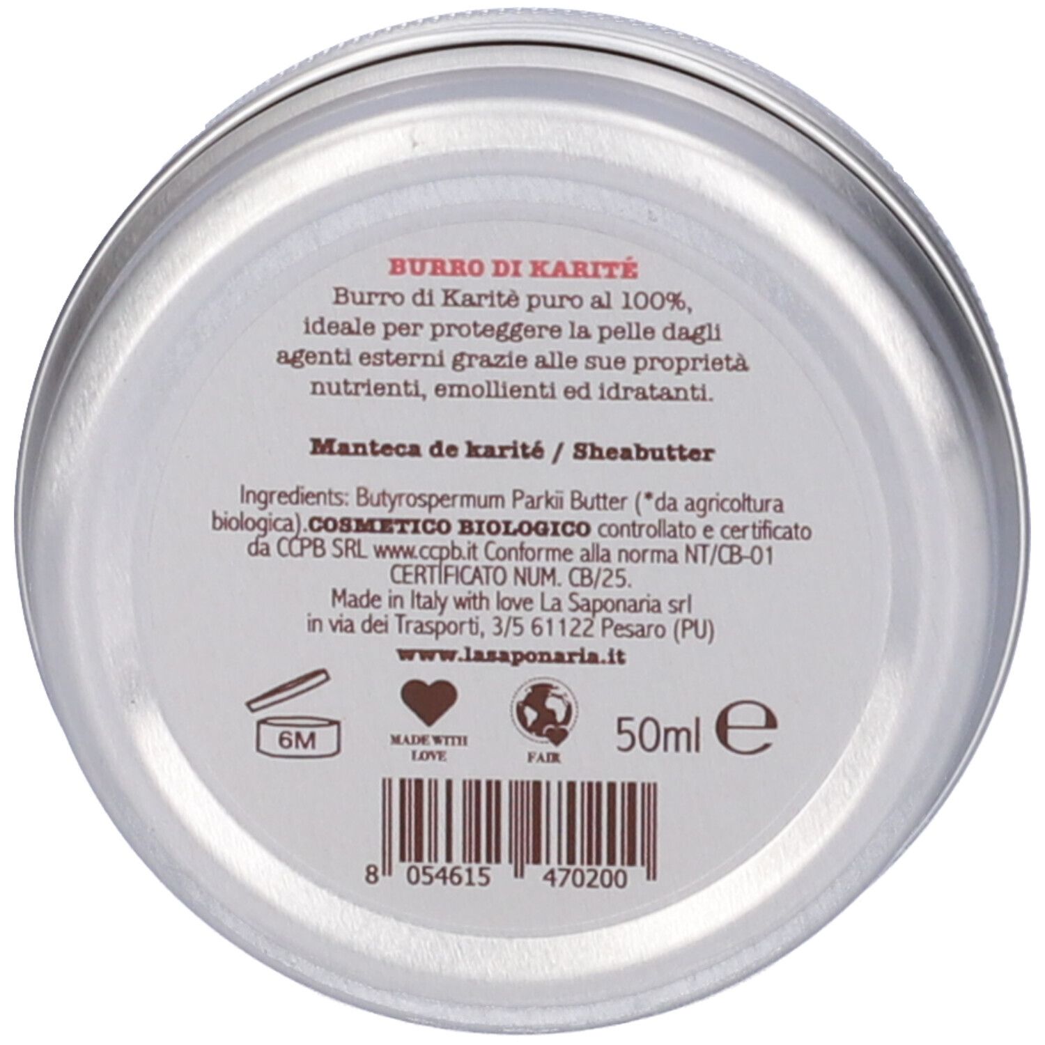 Barattolo rotondo con testo: 'Burro di Karité puro al 100%'. Ingredienti e certificazioni indicate.