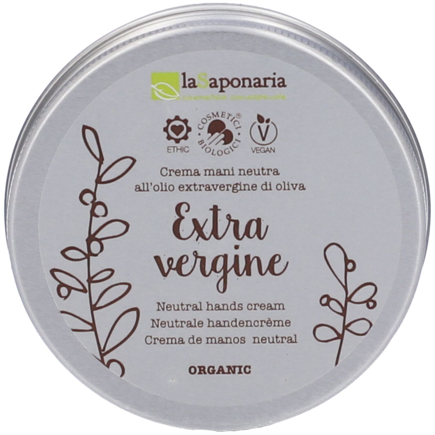 Barattolo rotondo con scritta 'Extra vergine'. Logo 'La Saponaria' e certificazioni bio. Illustrazioni floreali.