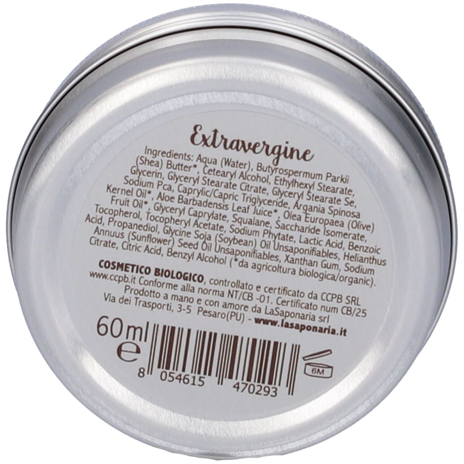 Fondo di un barattolo con ingredienti e 'Extra vergine'. Testo: 'Cosmetico Biologico'. Codice a barre e volume.