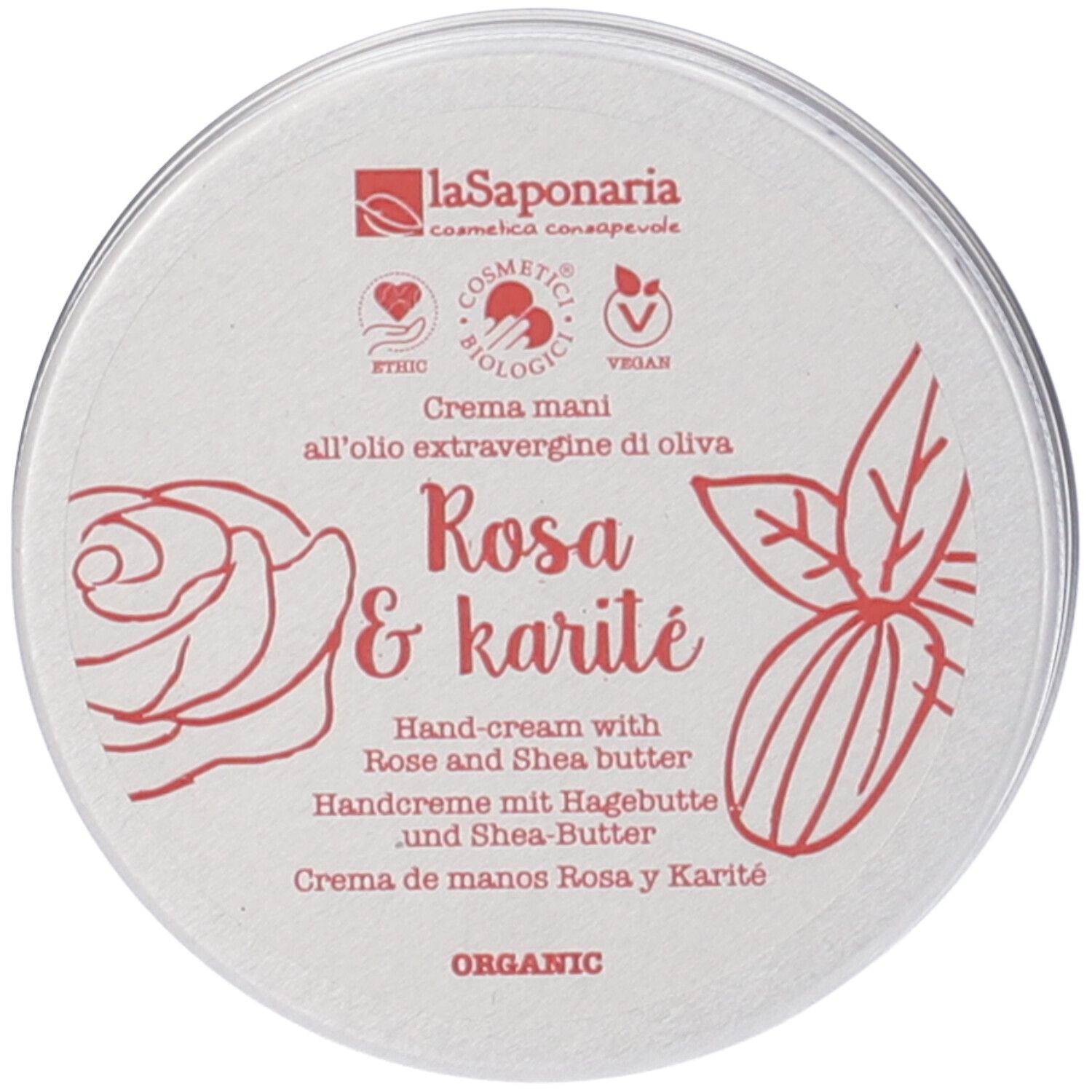Barattolo rotondo con scritta Rosa & Karité. Contiene crema mani con rosa e burro di karité. Certificazione bio.