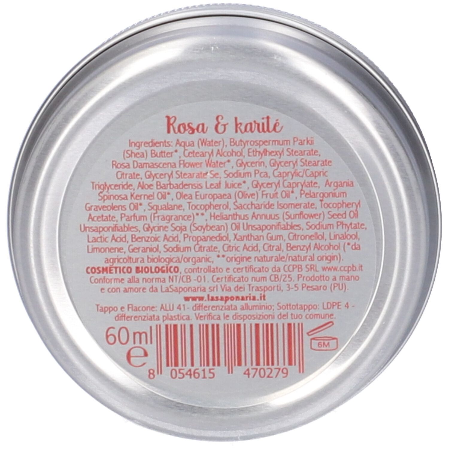 Fondo del barattolo con elenco ingredienti e codice a barre. Contiene 60 ml di crema. Con certificazioni e informazioni produttore.
