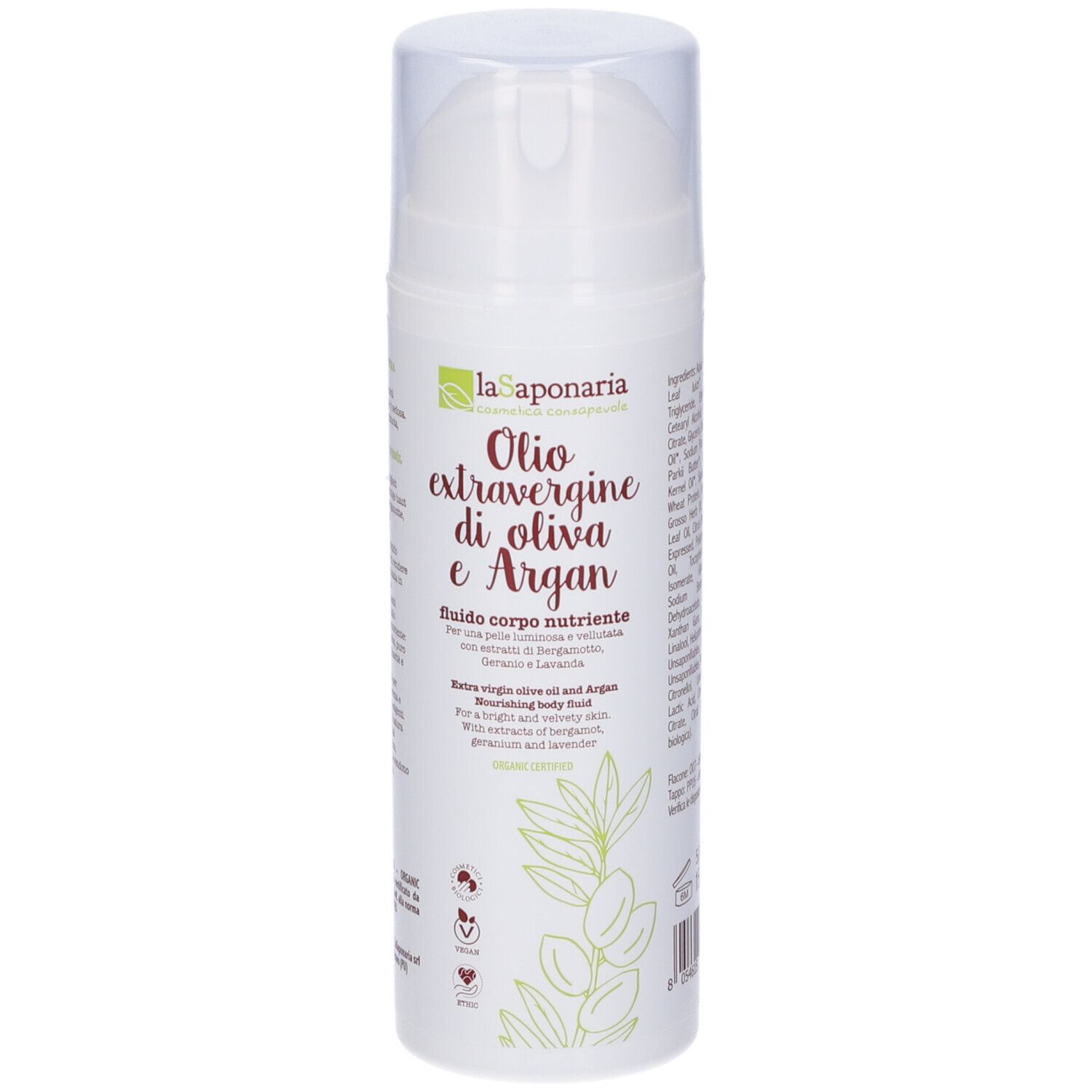 Flacone bianco con dosatore. Scritta: Oilo extravergine di oliva e Argan, Fluido corpo nutriente. Con estratto di oliva e argan.