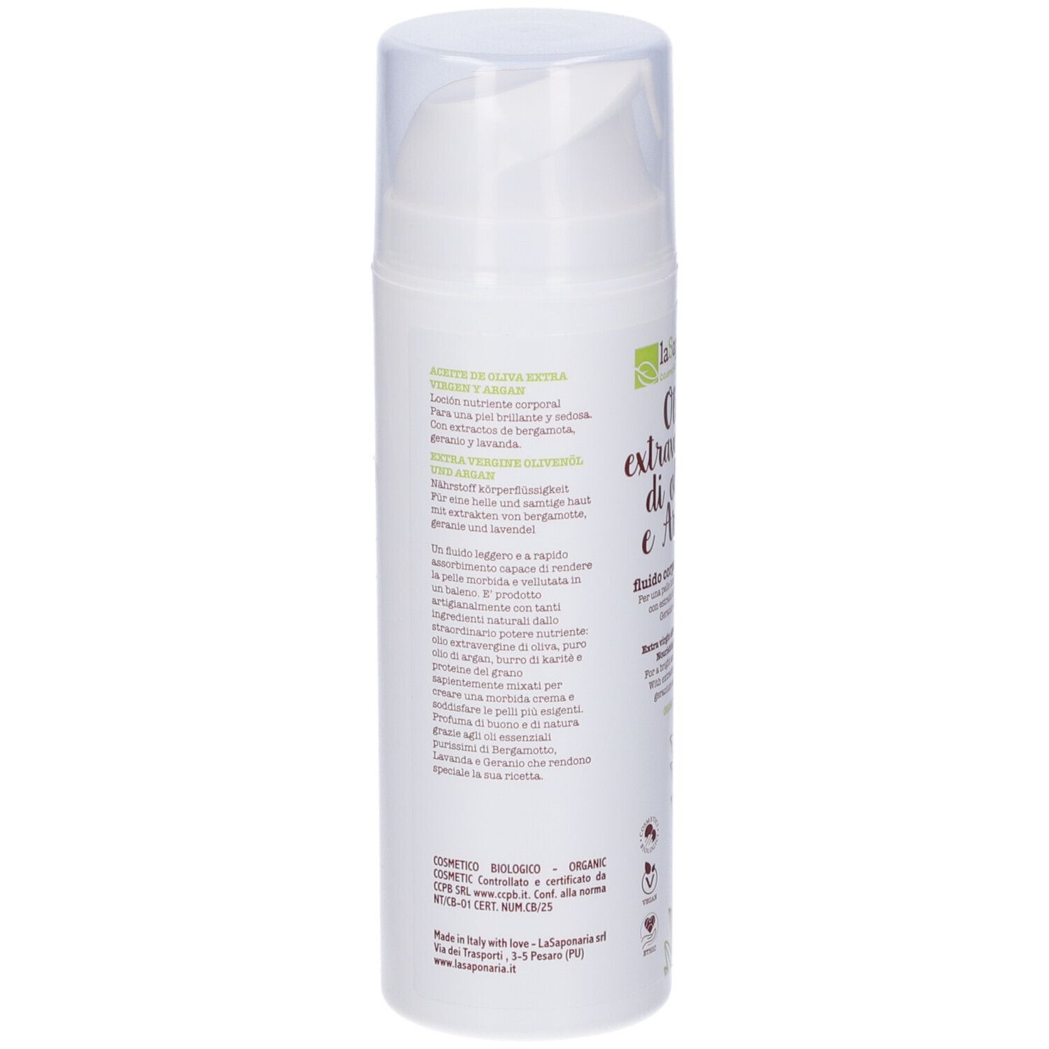 Retro del flacone bianco. Testo: Lozione corpo. Certificazione: COSMETICO BIOLOGICO. Ingredienti e informazioni del produttore.