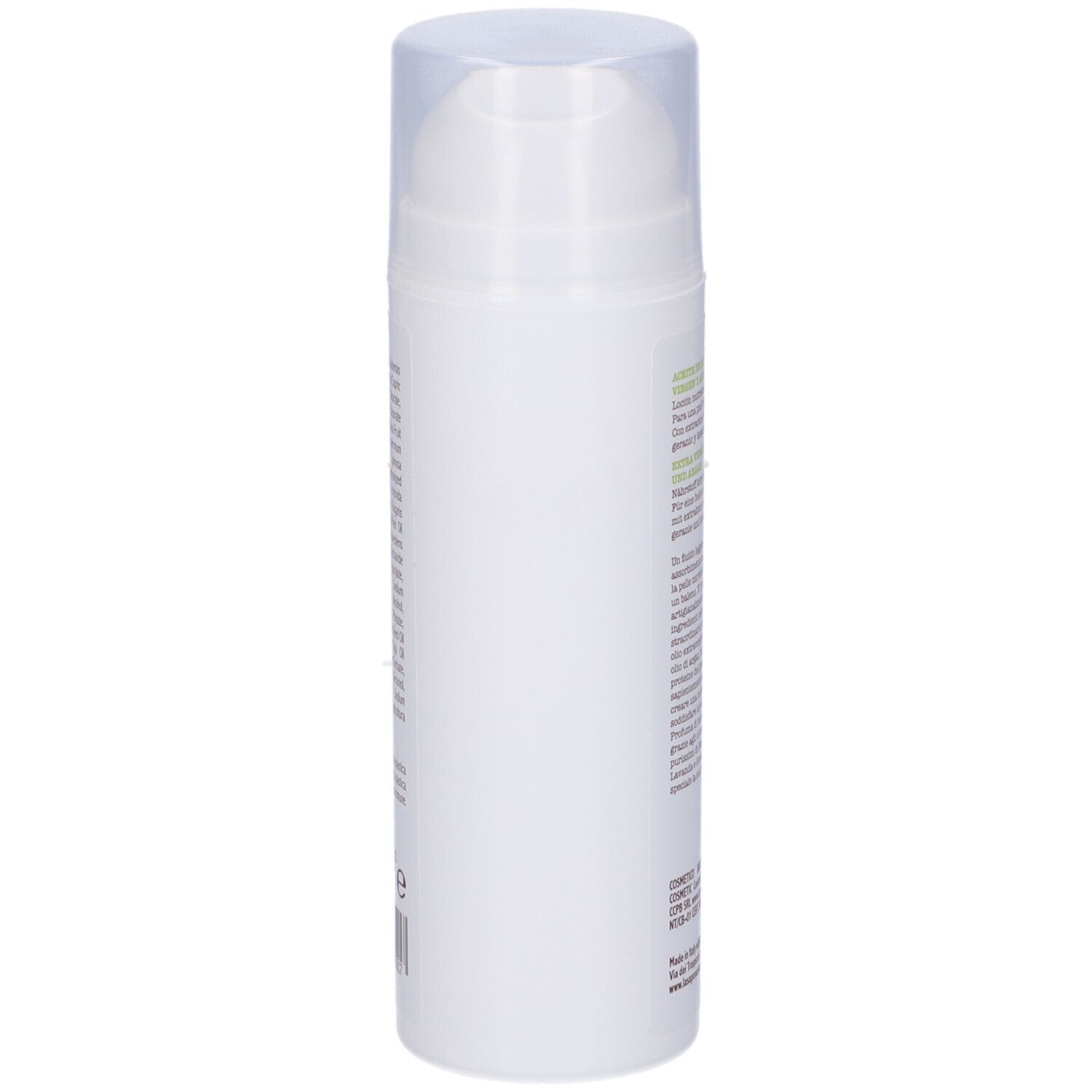 Flacone bianco con dosatore, vista laterale. Testo e loghi visibili sul flacone.