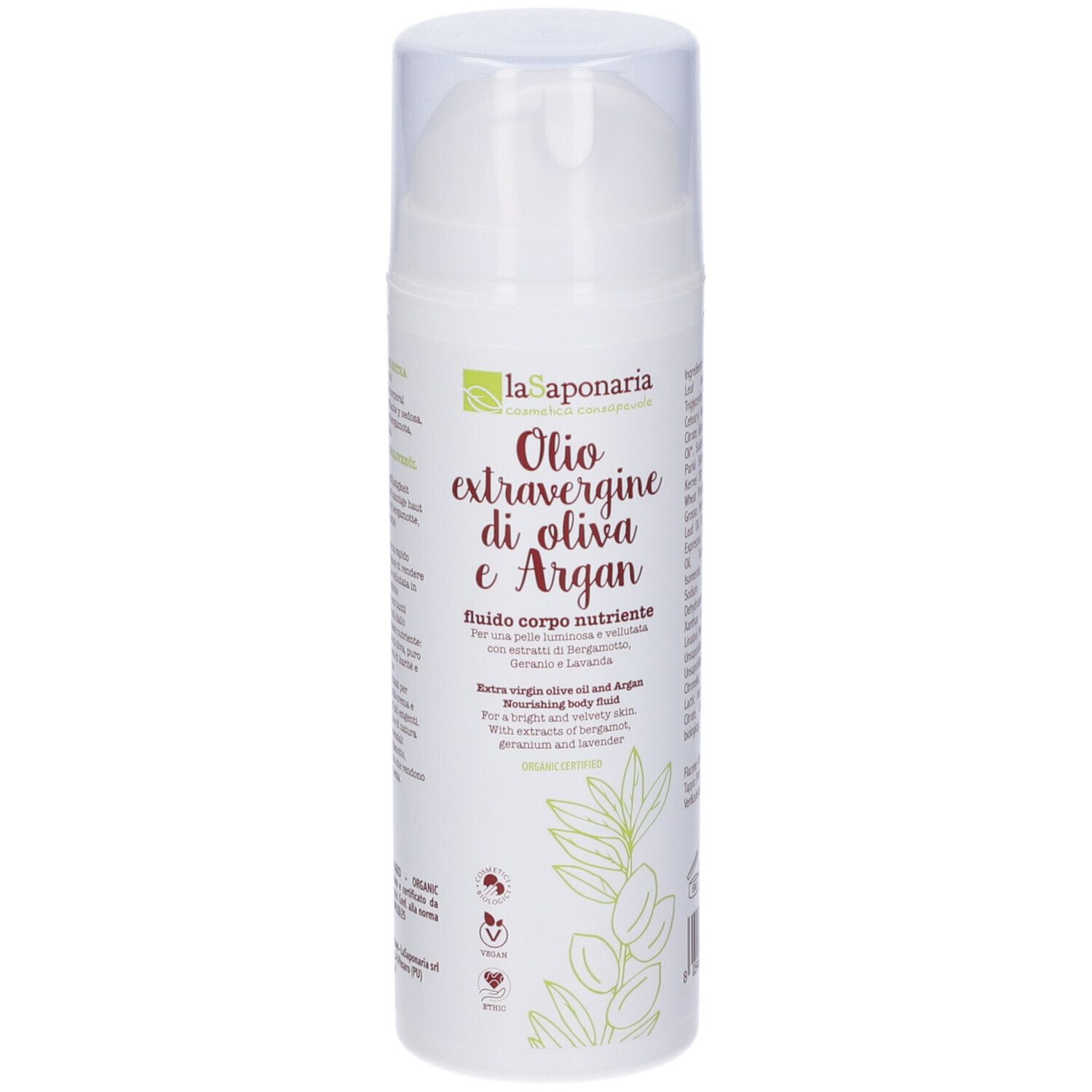 Flacone bianco con dosatore. Scritta: Oilo extravergine di oliva e Argan, Fluido corpo nutriente. Con estratto di oliva e argan.