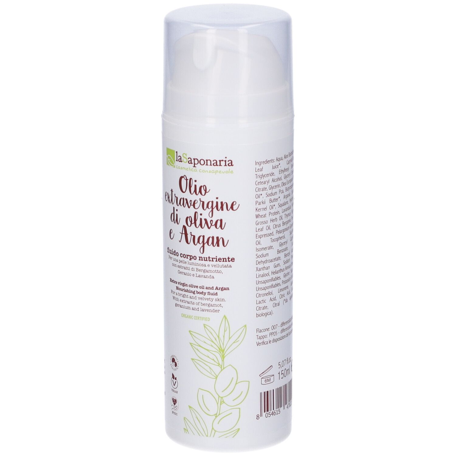 Flacone bianco con dosatore. Scritta: Oilo extravergine di oliva e Argan, Fluido corpo nutriente. Con estratto di oliva e argan. 150ml.