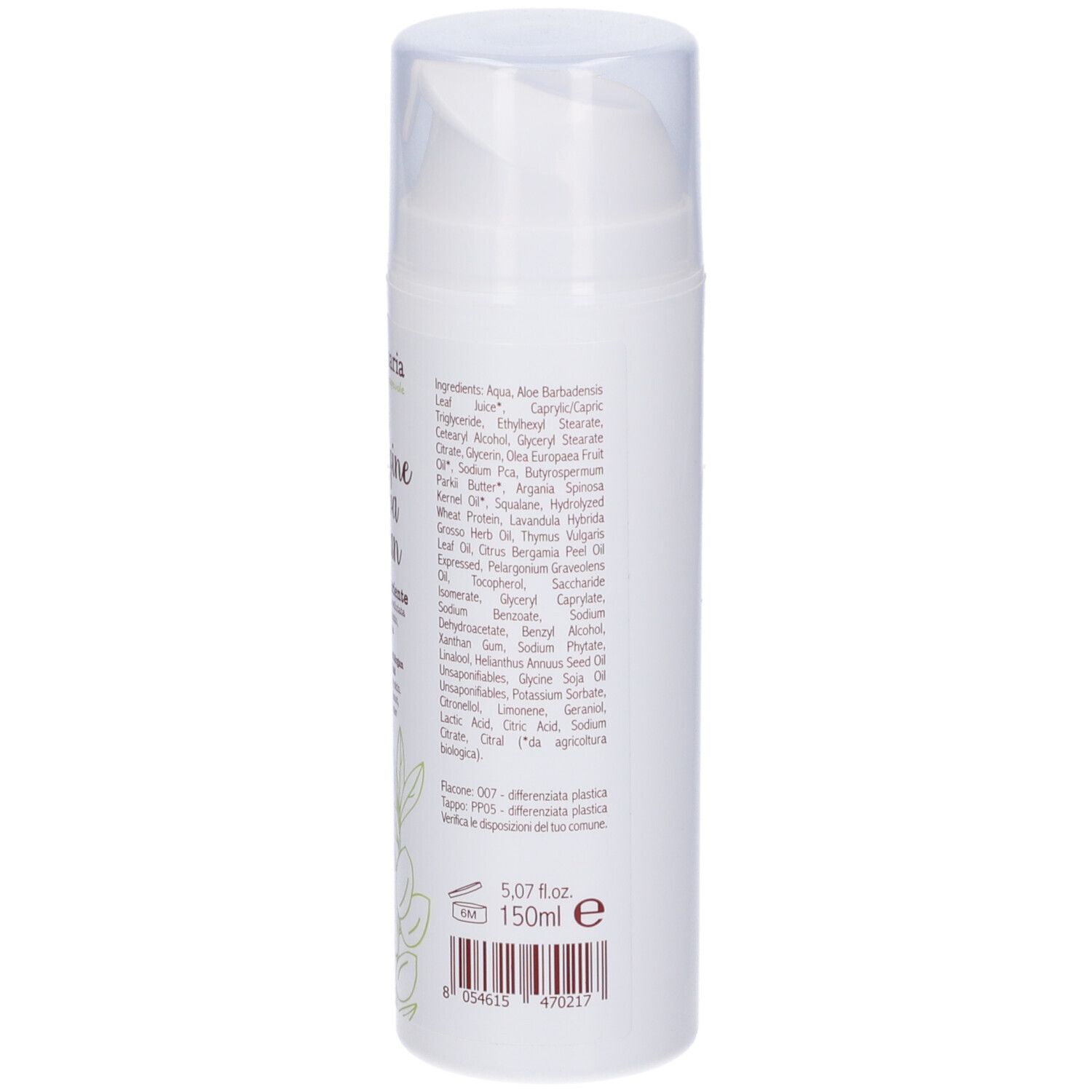 Retro del flacone bianco. Testo: Lozione corpo. Ingredienti. 150ml. Certificazione: COSMETICO BIOLOGICO.