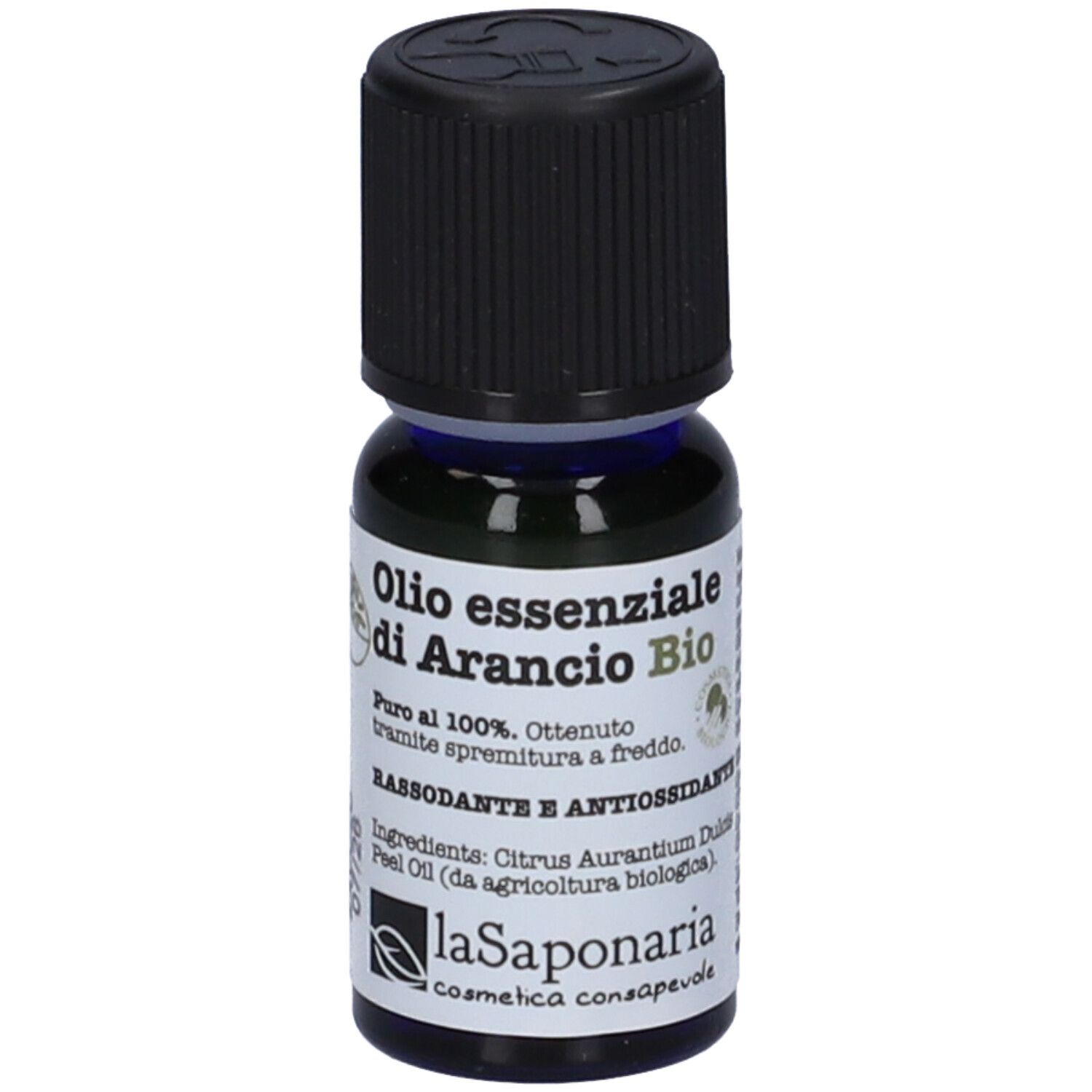 Flacone di vetro marrone con tappo nero. Etichetta con testo: Olio essenziale di Arancio Bio. Certificazione biologica.