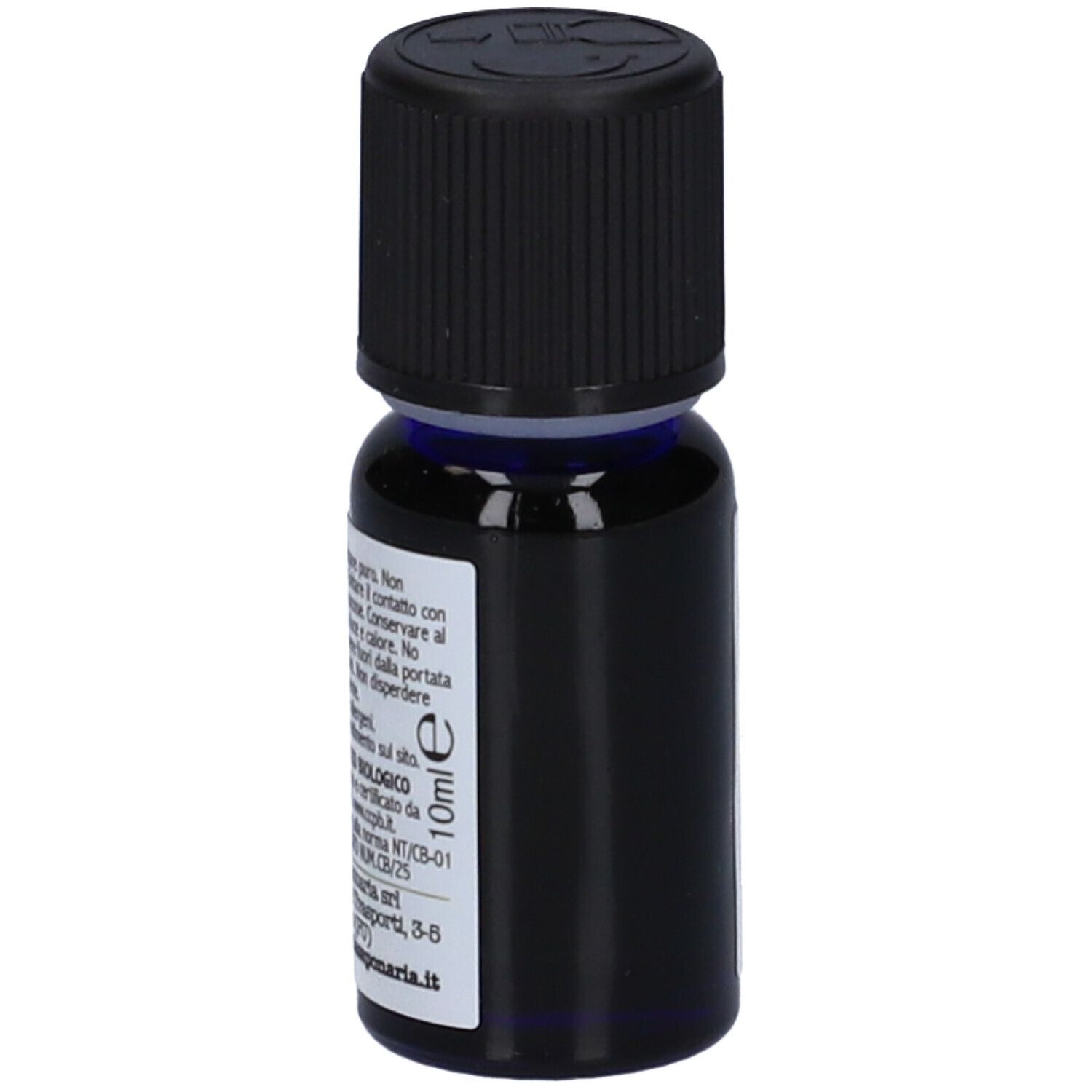 Flacone di vetro marrone con tappo nero. Scritta: 10ml. Etichetta con testo. Nome del prodotto parzialmente visibile.