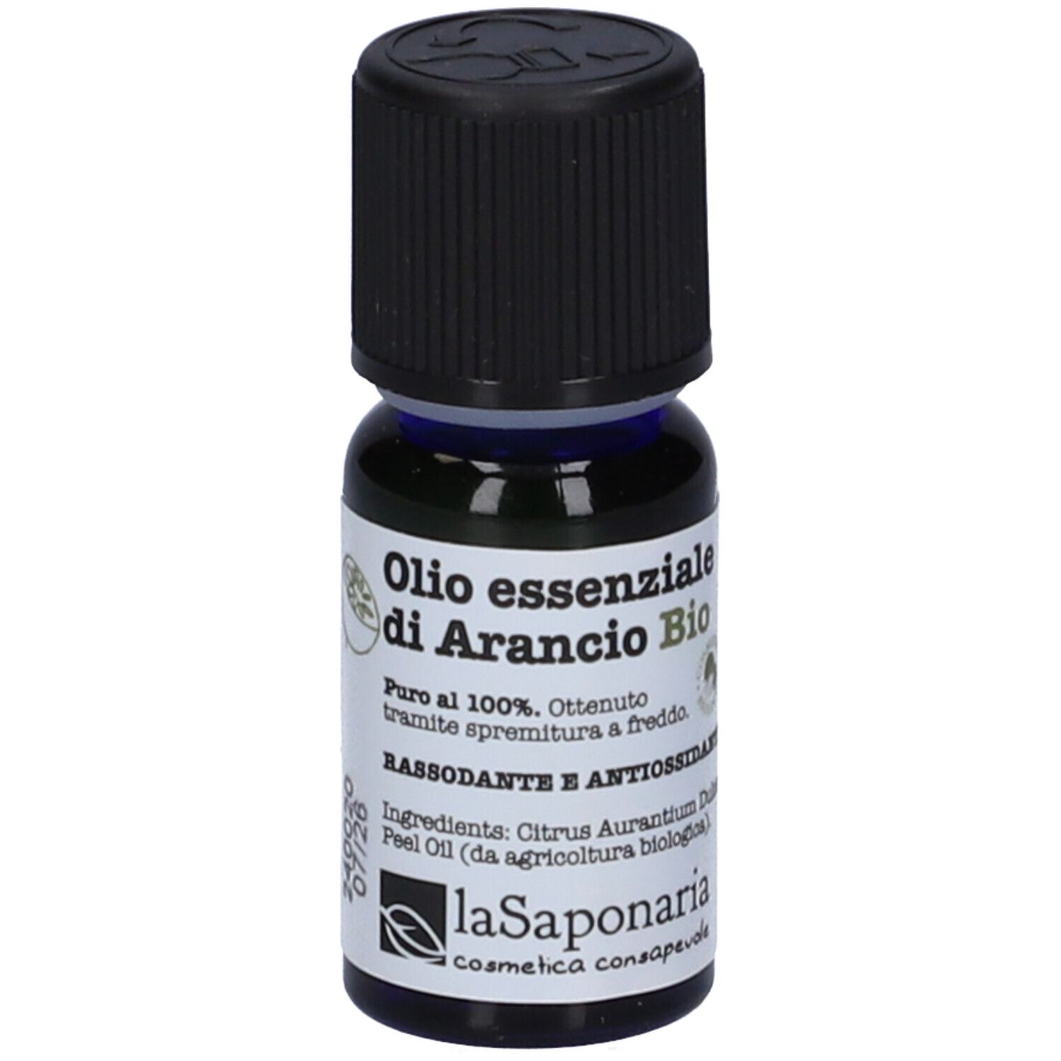 Flacone di vetro marrone con tappo nero. Etichetta con testo: Olio essenziale di Arancio Bio. Certificazione biologica.