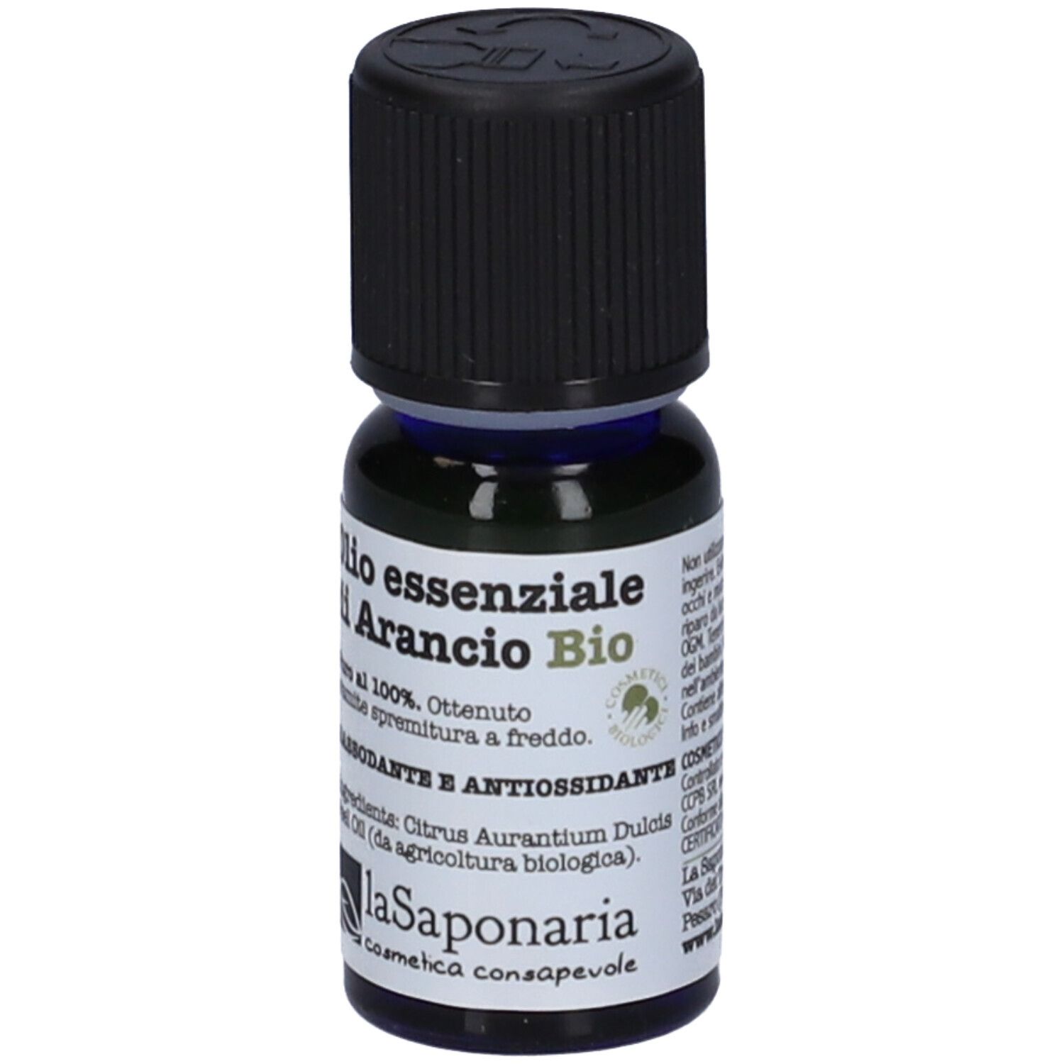 Flacone di vetro marrone con tappo nero. Etichetta con testo: Olio essenziale di Arancio Bio. Certificazione biologica.