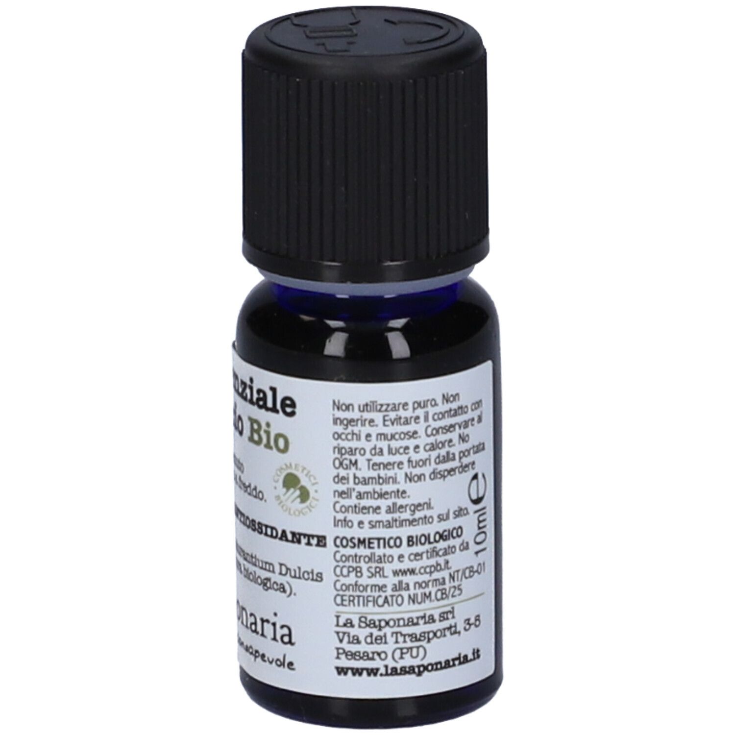 Flacone di vetro marrone con tappo nero. Etichetta con testo: Olio essenziale di Arancio Bio. Certificazione biologica.