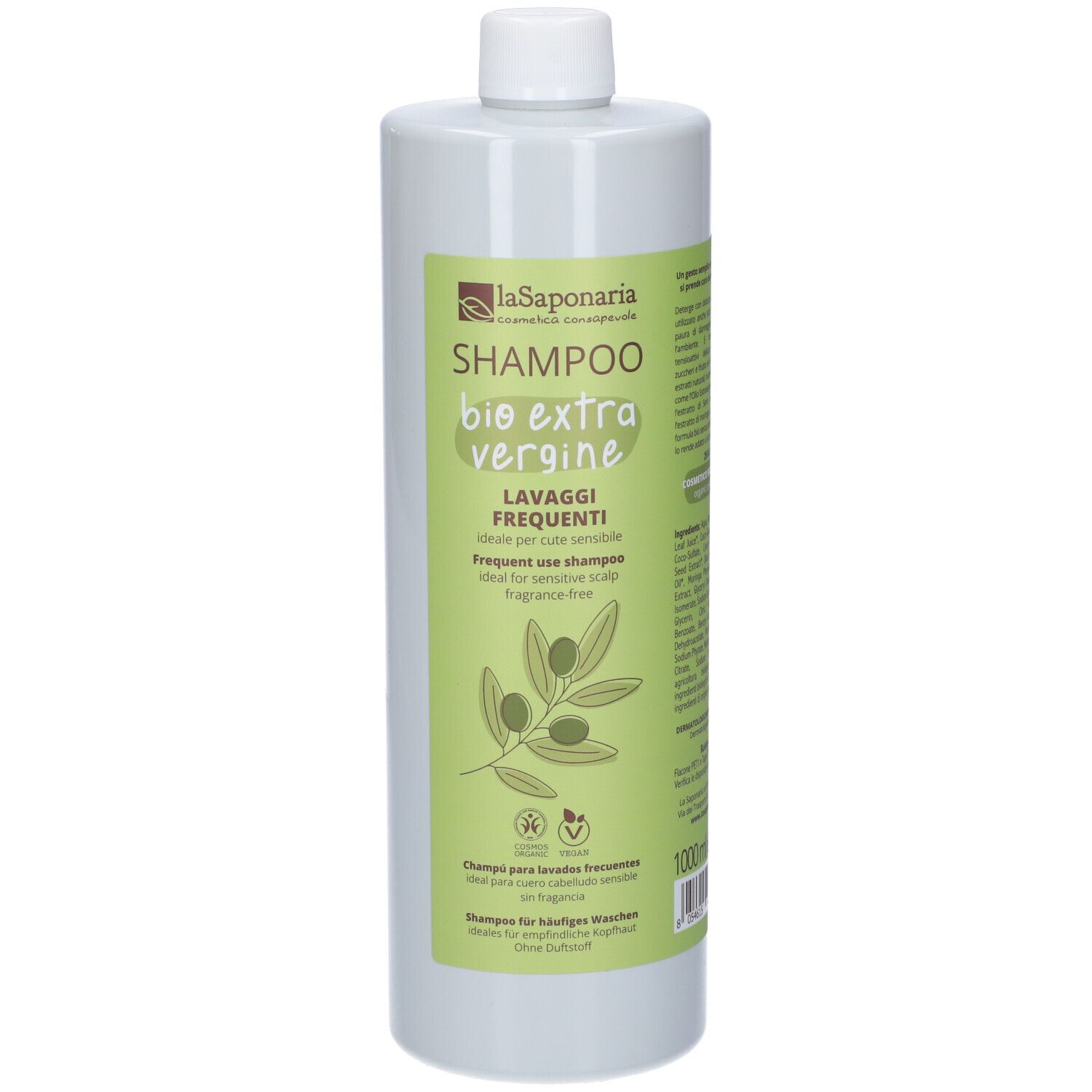 Flacone di shampoo verde con tappo bianco. Scritta: Shampoo Bio Extra Vergine Lavaggi Frequenti. Illustrazione di ramo d'ulivo.