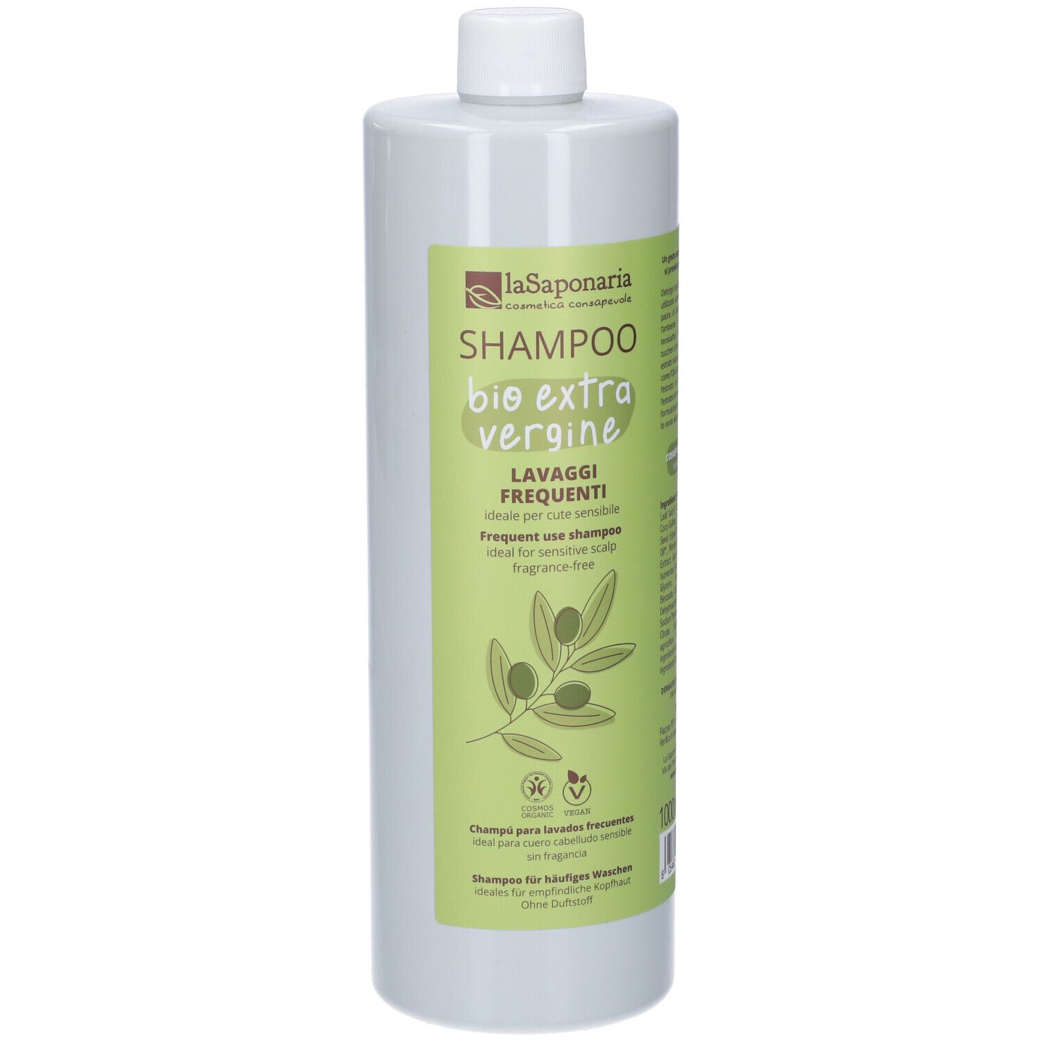 Flacone di shampoo verde con tappo bianco. Scritta: Shampoo Bio Extra Vergine Lavaggi Frequenti. Illustrazione di ramo d'ulivo.