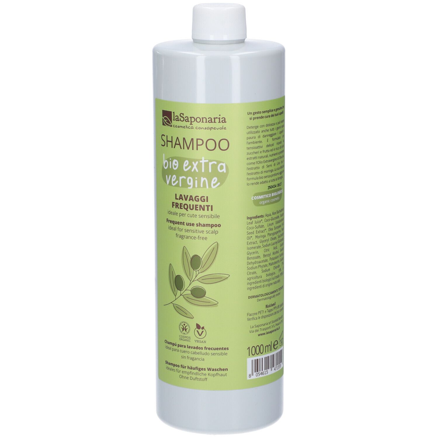 Flacone di shampoo verde con tappo bianco. Scritta: Shampoo Bio Extra Vergine Lavaggi Frequenti. 1000ml.