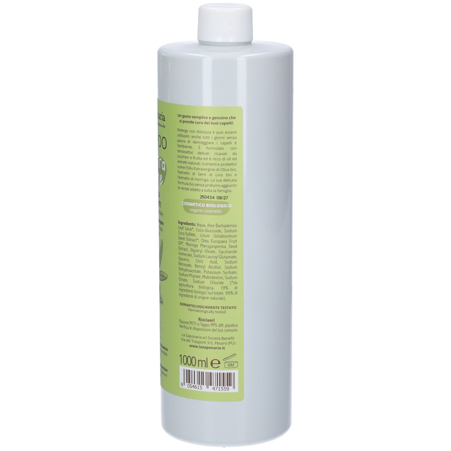 Retro di un flacone di shampoo verde con tappo bianco. Testo e ingredienti.