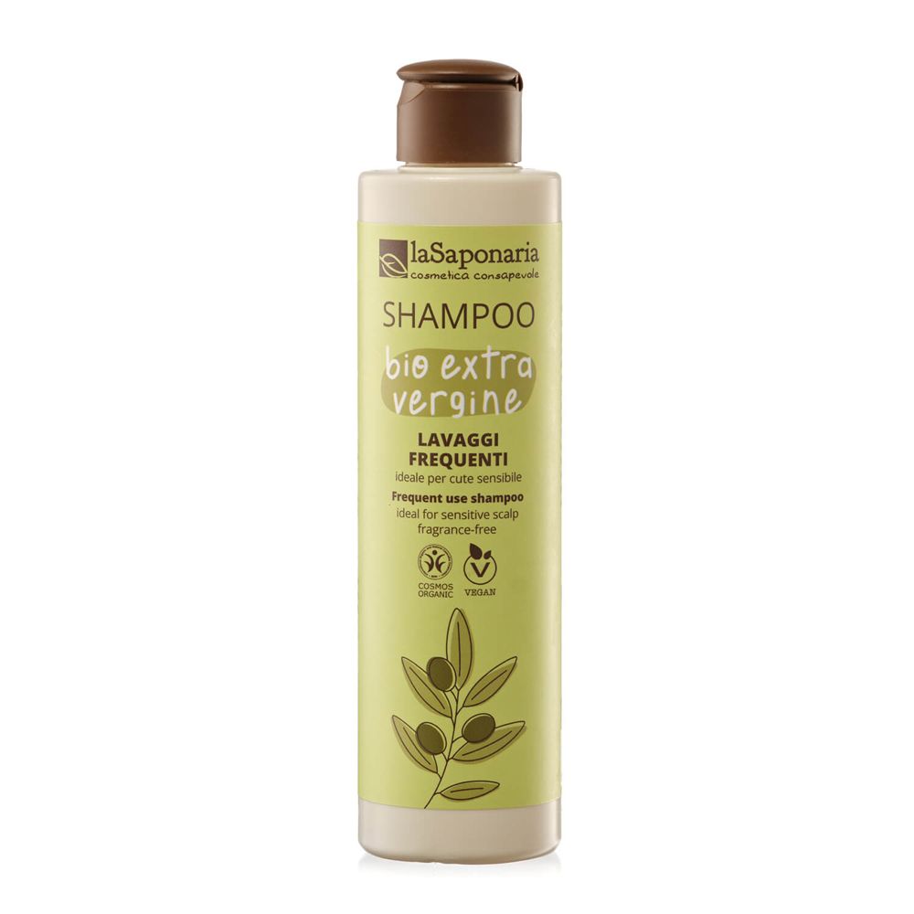 Flacone verde con tappo marrone. Scritta: Shampoo bio extra vergine. Illustrazione di ramo d'ulivo.